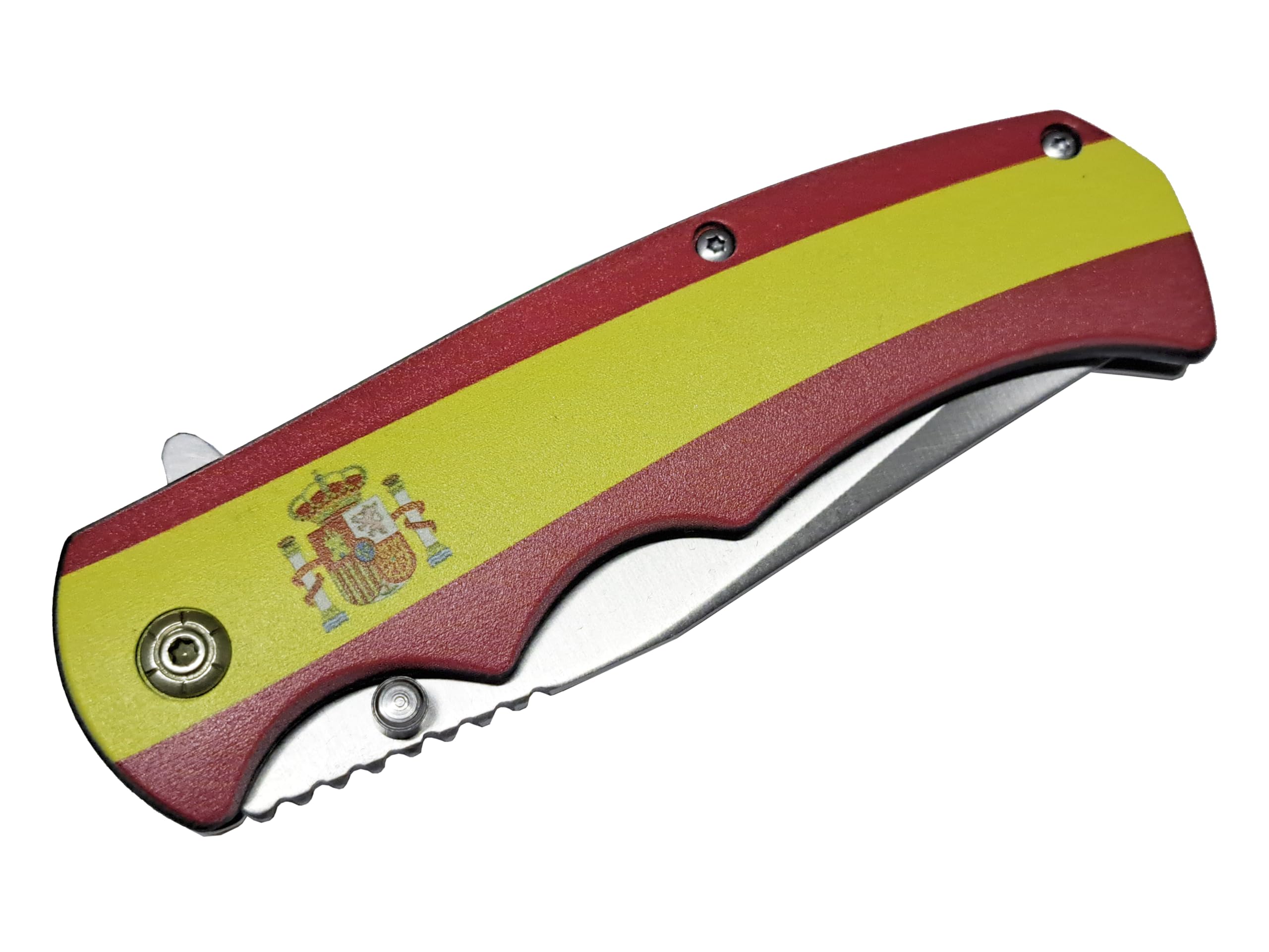 Tiendas LGP, Albainox - Navaja Bandera de España, con Hoja de Acero Vanadio 3Cr13Mov de 8,8 cm, Plegable, Mango de ABS diseño Bandera de España y Madera natural por detrás. 18257+3D018