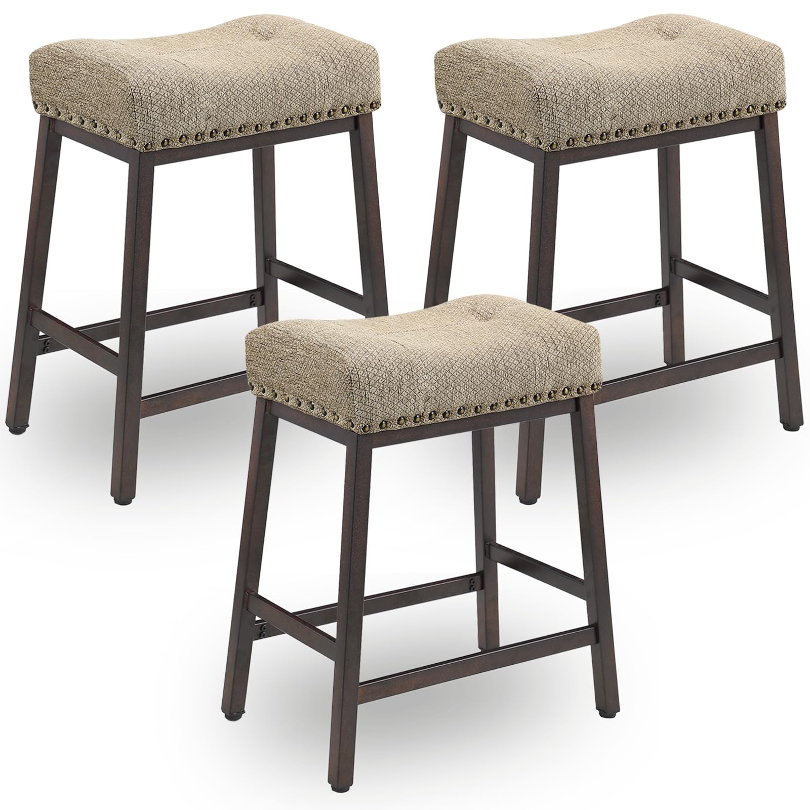 JUBILOOM Bar Stools Set of 3, 27 Inch Counter Height Bar Stool, Counter Height Stools with Brown Fabric & Brown Powder Coat and Metal Base, 817PFBR3