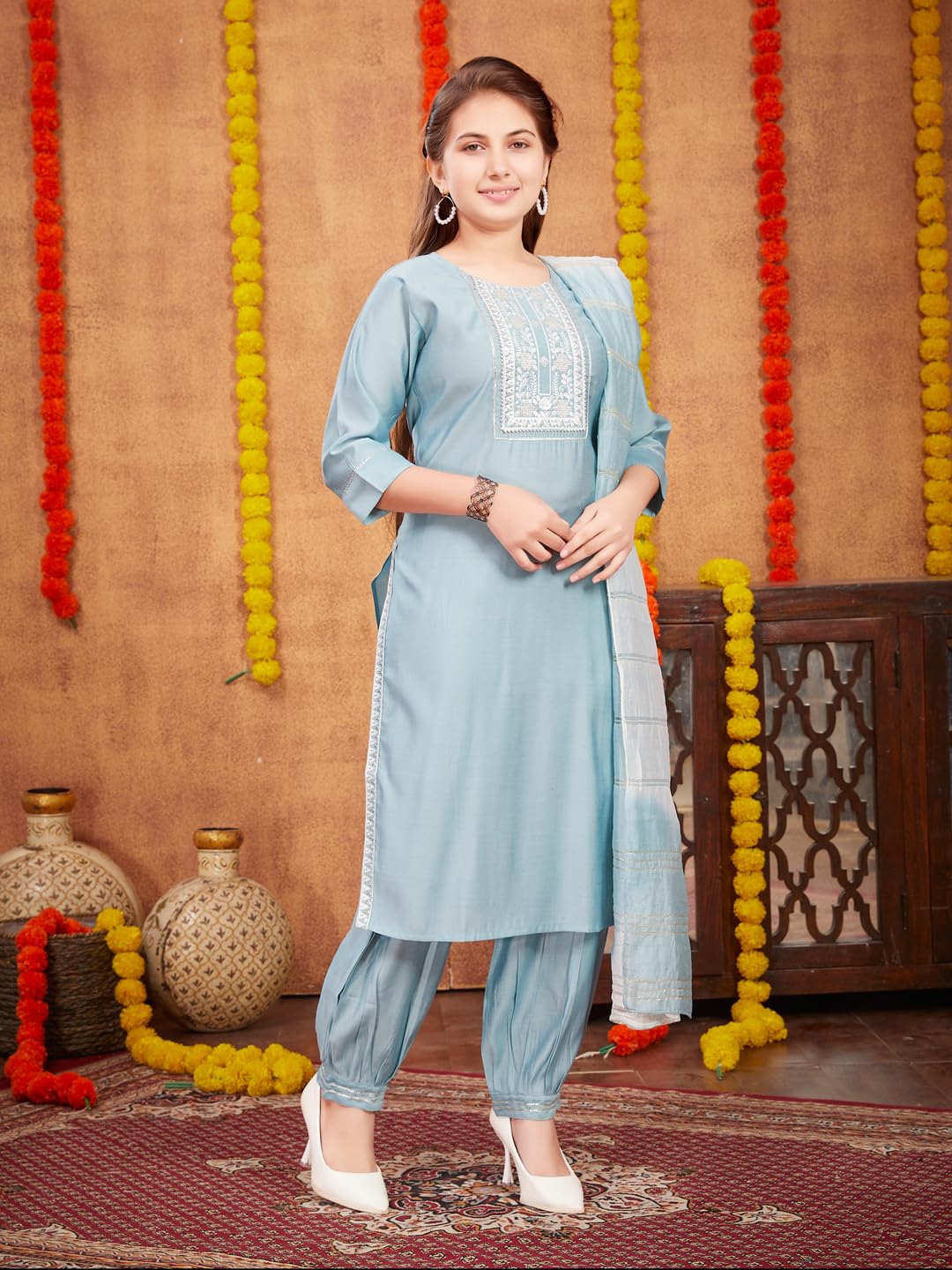 Aarika Girls Ethnic Wear Sky Blue Colour Sequin Thread Embroidery With Gota Work Silk Kurti Patiala Set (9-16 Years)