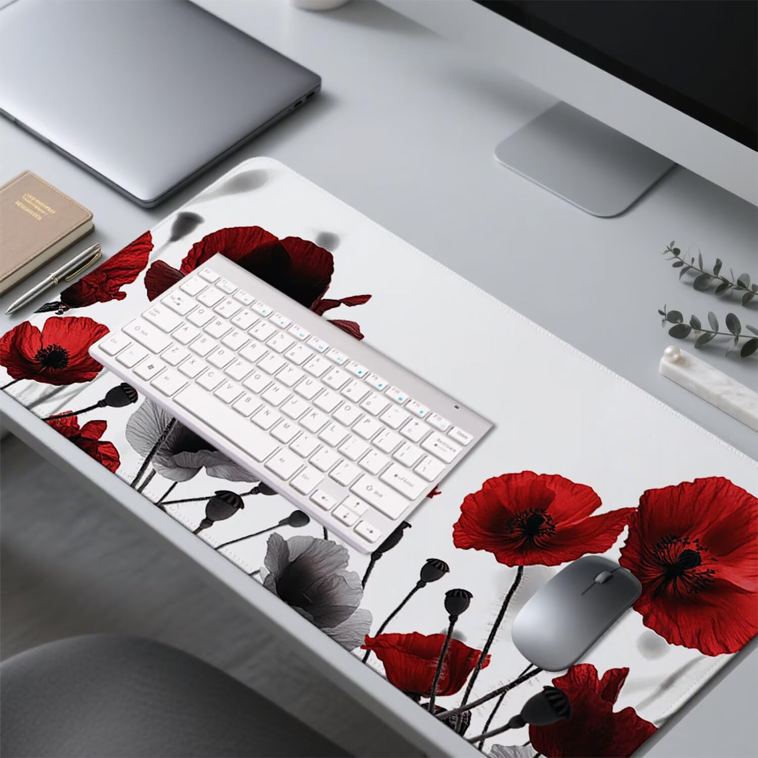 Biała podkładka pod mysz pod mysz pod mysz do gier XXL 1400 x 600 x 3 mm podkładka pod mysz gumowa kwiat duża podkładka pod rękę dla graczy akcesoria wodoodporne PC, do klawiatury laptopa w-10764