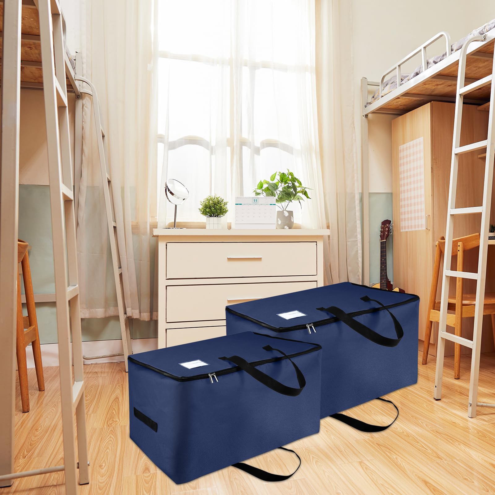 2 Pezzi Grande Borsa Portaoggetti, 105L Pieghevole Contenitore Vestiti con Manico e Cerniera, Organizzatore di Contenitore Sottoletto, Scatole Portaoggetti per Giocattoli, Trapunte, Blu Scuro