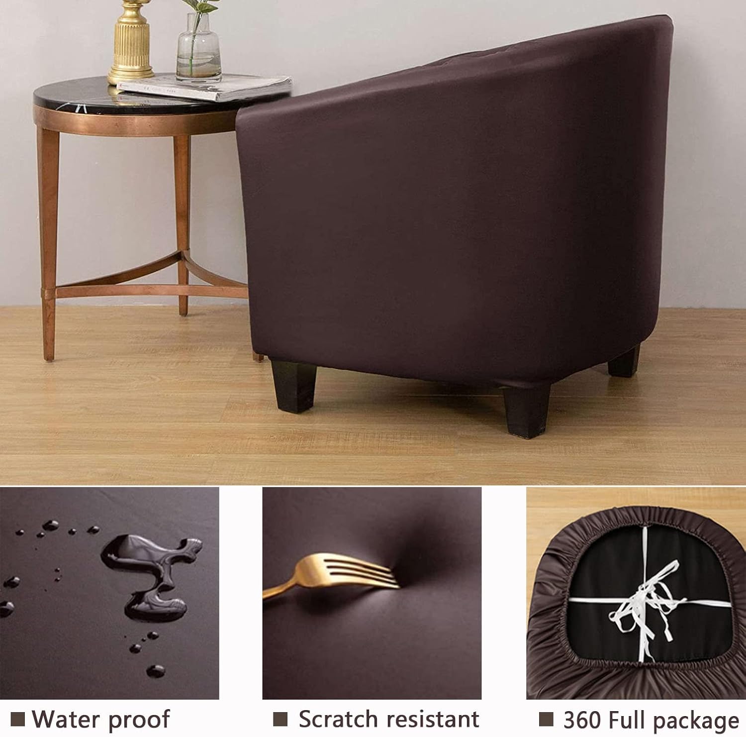 YOPOIY 2 Piece Removable Club Chair Slipcover, PU Leather Waterproof Tub Chair Slipcover, Stretch Barrel Chair Cover, Water Resistant Armchair Cover -Brown