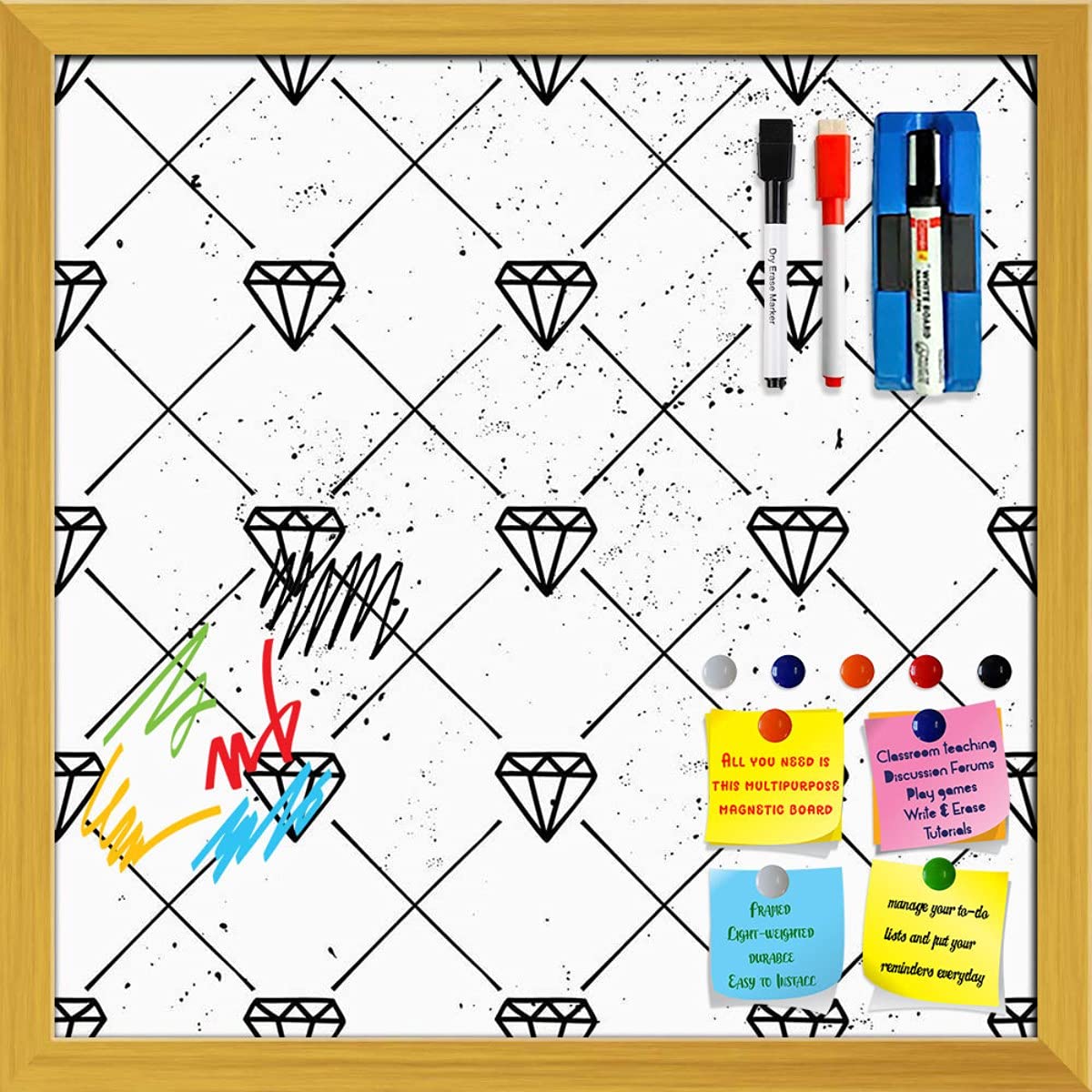 ArtzFolio Hand Drawn Diamond Shapes and Lines D1 Framed Dry Erase White Board | Magnetic Board Combo with Magnet Buttons & Markers | Golden Frame 20 x 20 inch (51 x 51 cms)