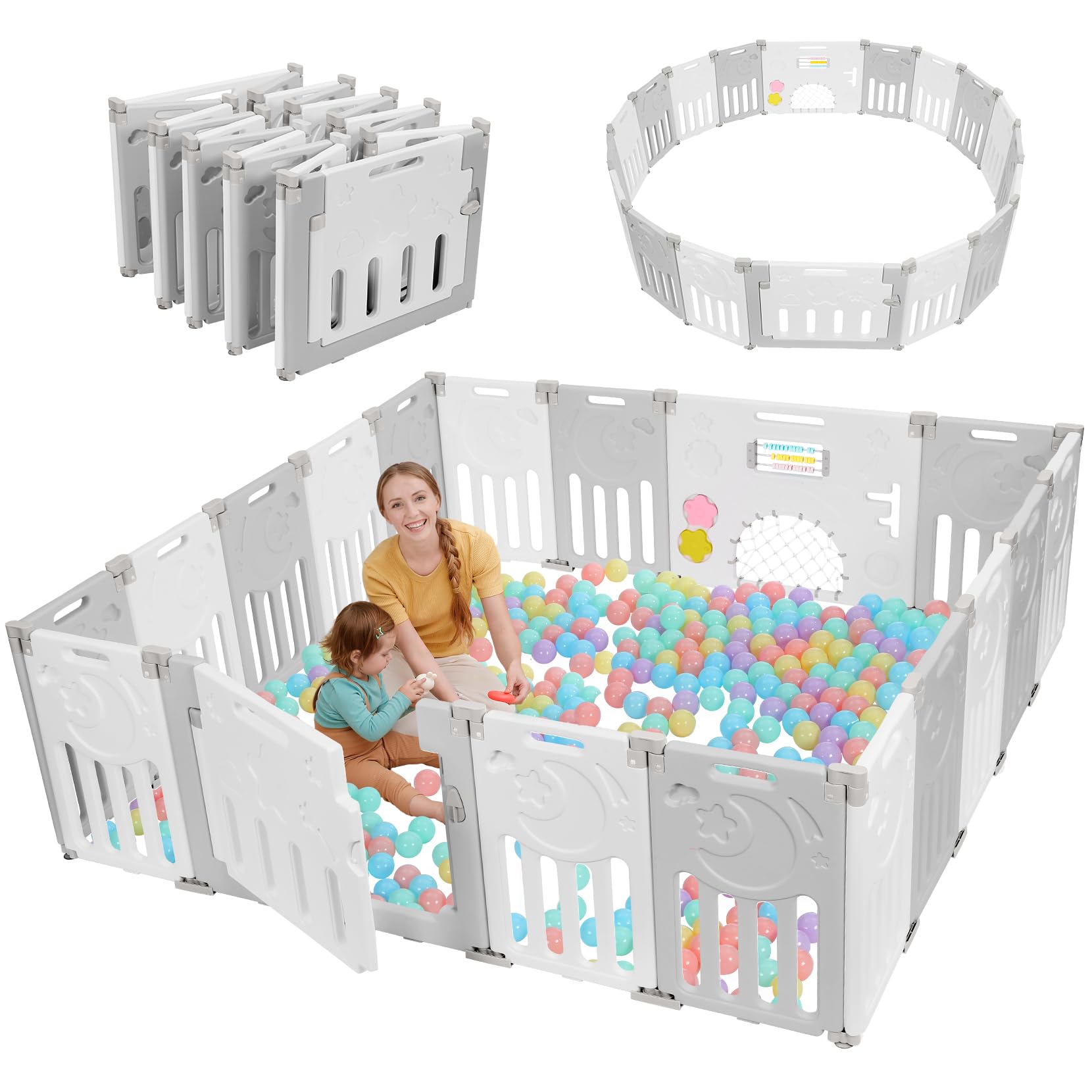 Dripex Laufstall Baby faltbar 190x190x62cm (18 Paneele) mit Spielboard, Laufgitter Baby, Kinderlaufstall & Babyzaun aus strapazierfähigem Plastik, Playpen für Innen & Außen, Grau