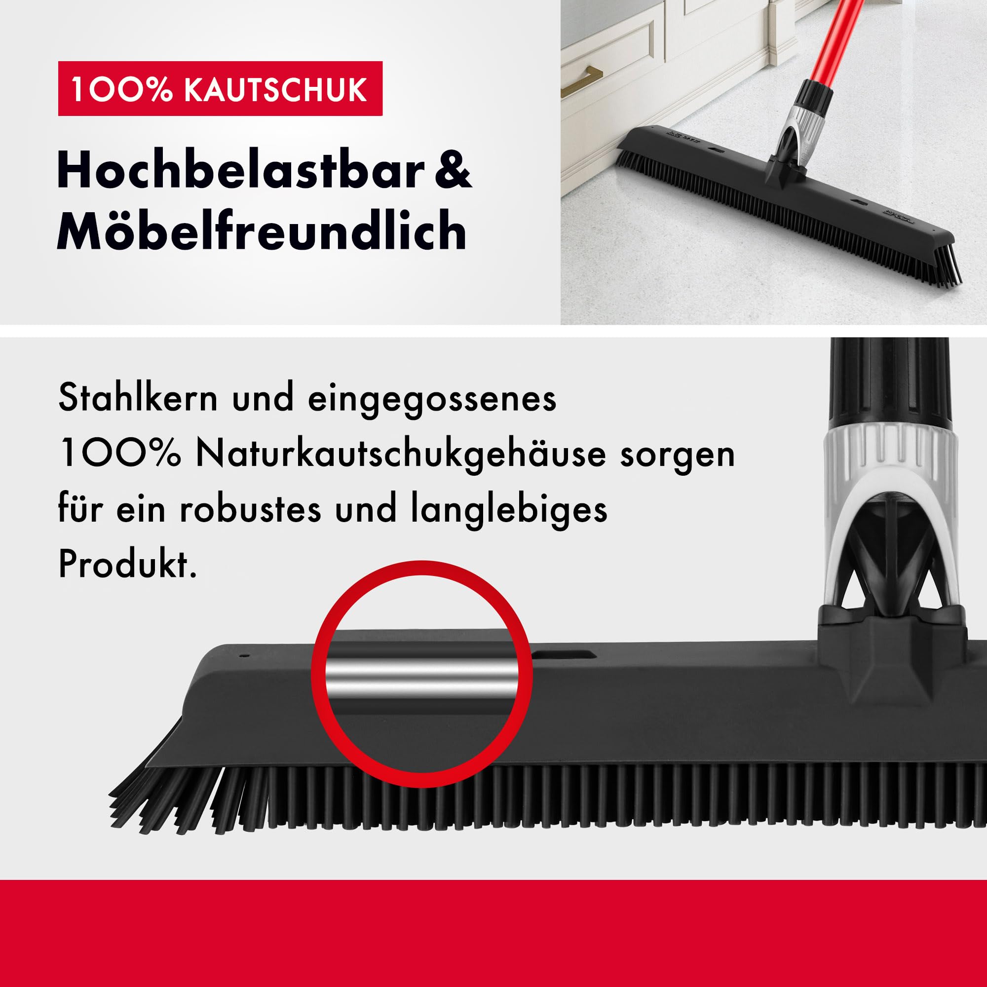 Tyroler Gummibesen & Bodenabzieher | Kehrbesen-Kopf aus 100% Naturkautschuk 41 cm | Besen mit Stiel und 140 cm Anti-Rost-Griff | Gummi-besen mit Abzieher | Gummibesen mit Stiel | Gummibesens Tierhaare