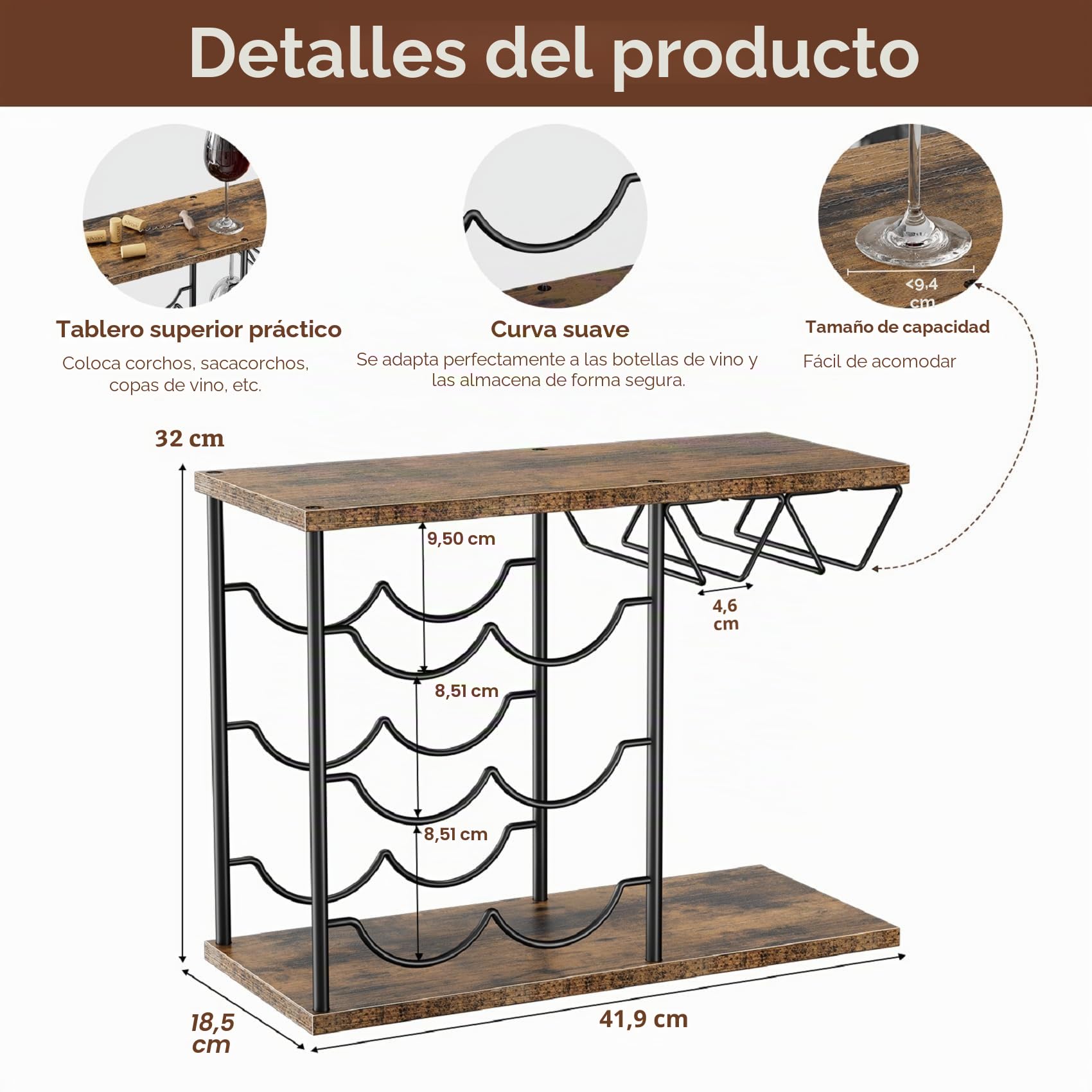 Nuovoware Estantes de Vino para Encimera, Porta Botellas de 6 y 4 Copas, Organizador Metálico de Madera