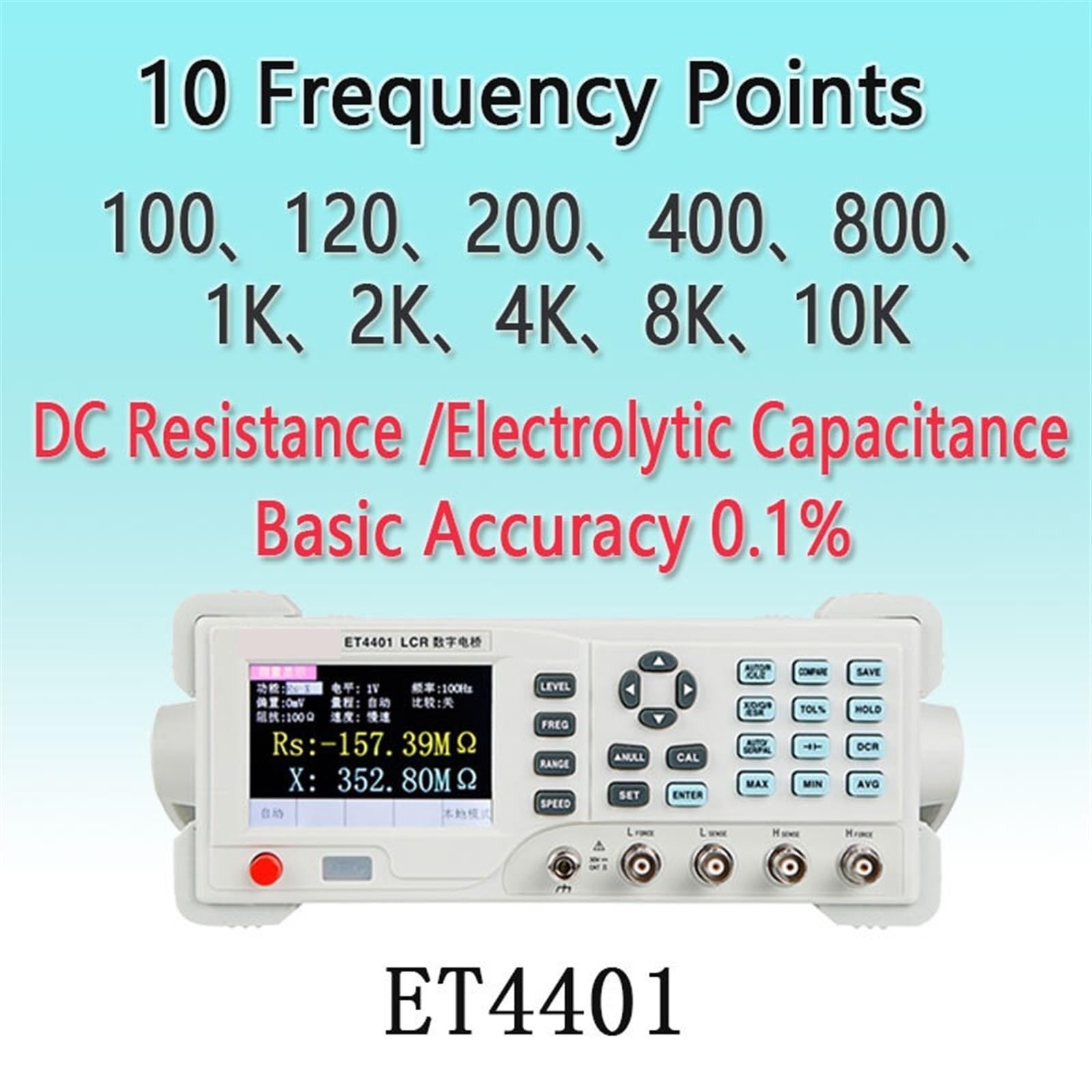 Probador de Resistencia, Medidor LCR 10 Hz ~ 100 kHz Analizador de capacitancia electrolítica resistencia CC con puente digital Precisión básica 0,1% Registro datos(ET4401)