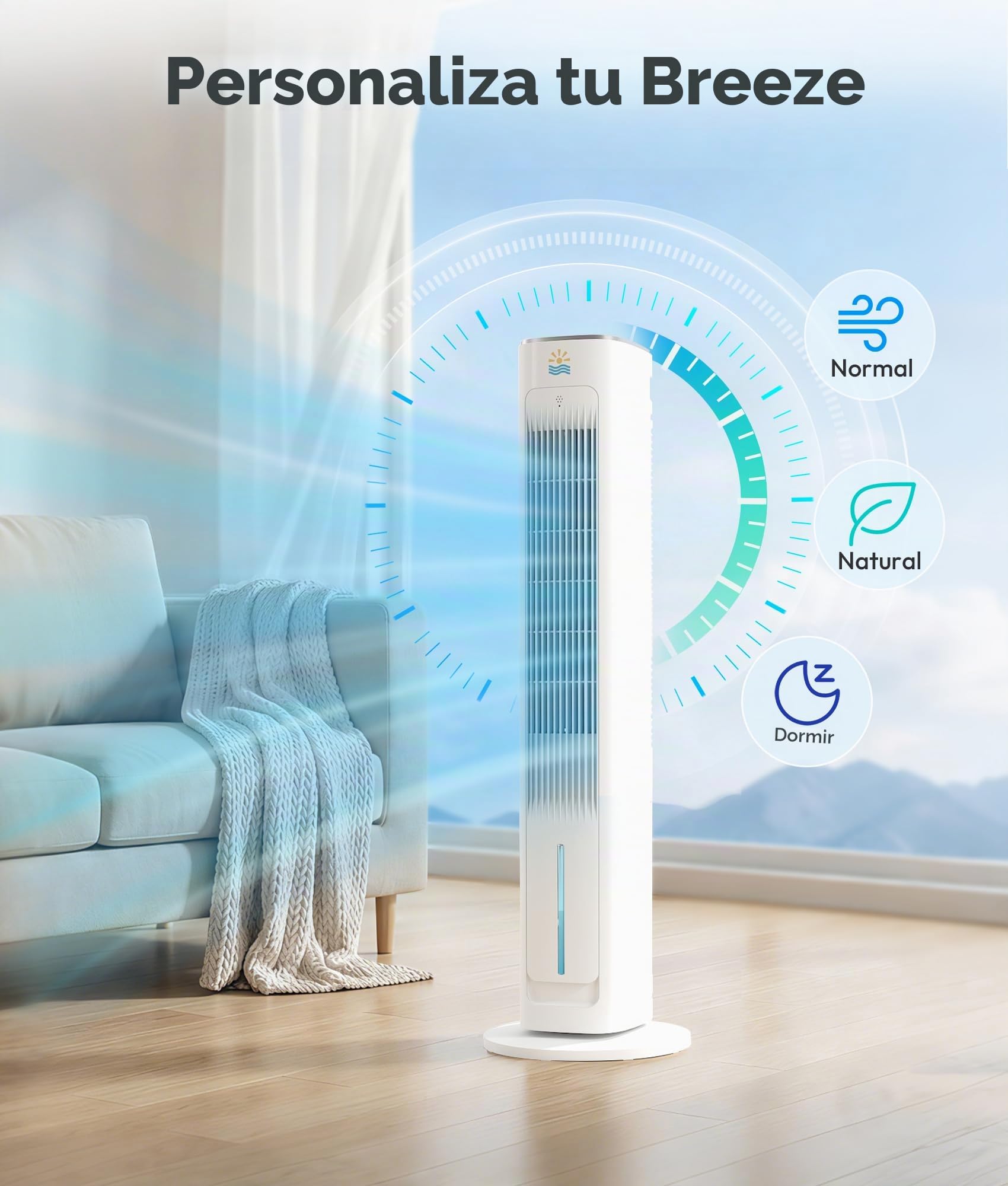 Enfriador de aire evaporativo portátil, ventiladores de enfriamiento 3 en 1 que soplan aire frío con tanque de agua de 3 l, ventilador de torre de 38 pulgadas para dormitorio