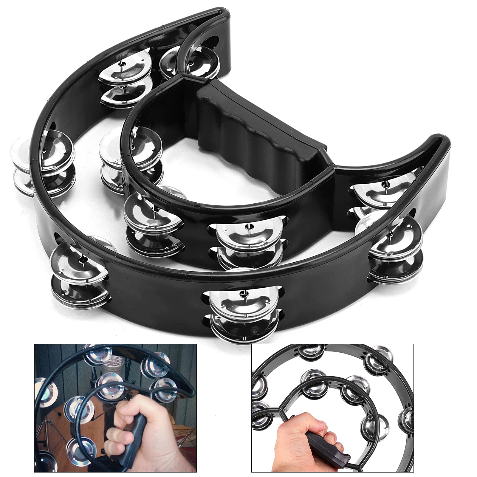 JOIKIT Lot de 4 tambourins musicaux à double rangée de 22,9 cm, demi-lune, jingles en métal pour adultes, église, fête, karaoké, bar, cadeau, noir