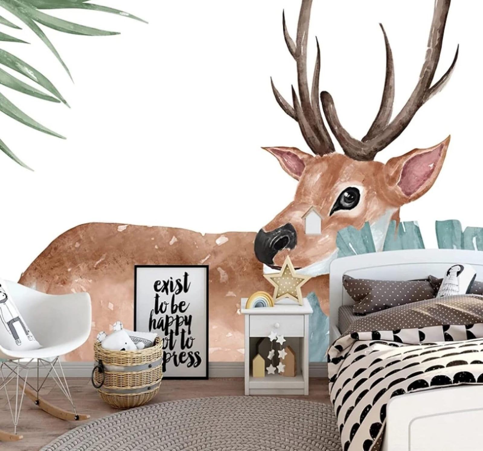 XLMING Cartoon Minimalist Animals Sika Deer Green Leaves 3D Wallpaper Luxury Home Dining Decor Paste Sofa Living Room The Wall for Bedroom Mural-350cm×256cm