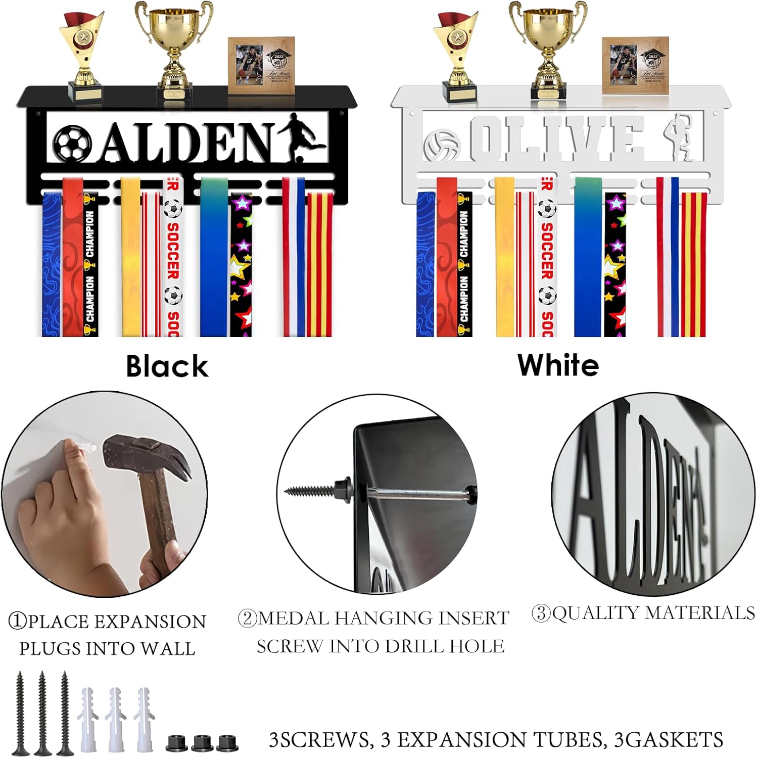 ubmpj Personalized Medal Hanger with Trophy Shelf, Custom Metal Medal Holder for Wall, Award Rack for Gymnastics Soccer Running, Sports Trophy Display for Kids & Athletes | Custom Medal Rack, for Awards, for Ribbons
