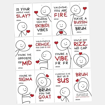 Stickman Slang Words Cards for School Exchange, Gen Alpha Kids, Teens, Tweens, Birthday Gifts for Friends, Funny Alpha Brain Rot Humor Cards, 2 x 3.9 inches, Set of 24 Cards Stickman