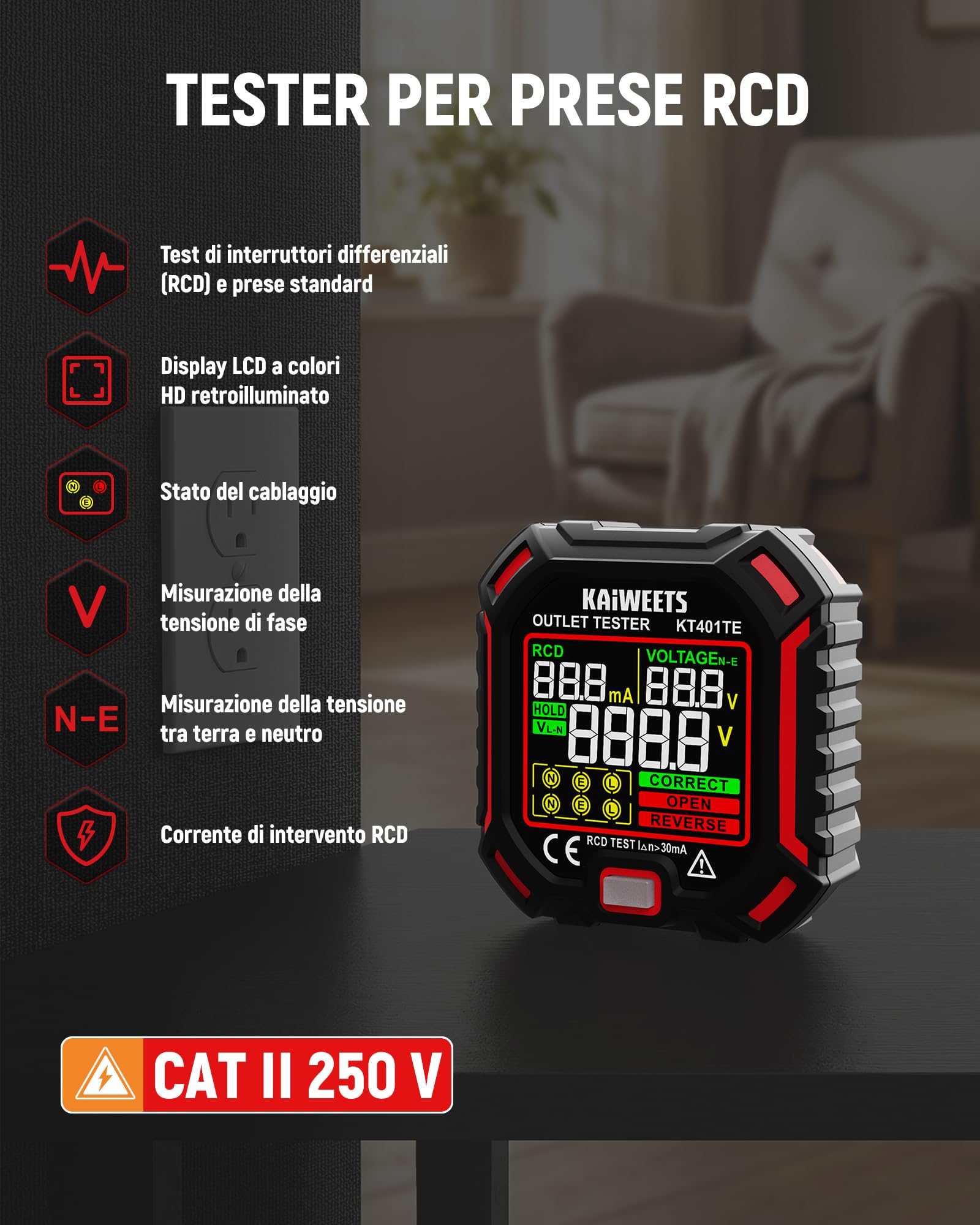 KAIWEETS Tester per prese con test RCD e display LCD della tensione, indicatore di tensione, 7 test di cablaggio, misurazione della tensione di dispersione, tester per prese 200-250 V, CAT II 300 V
