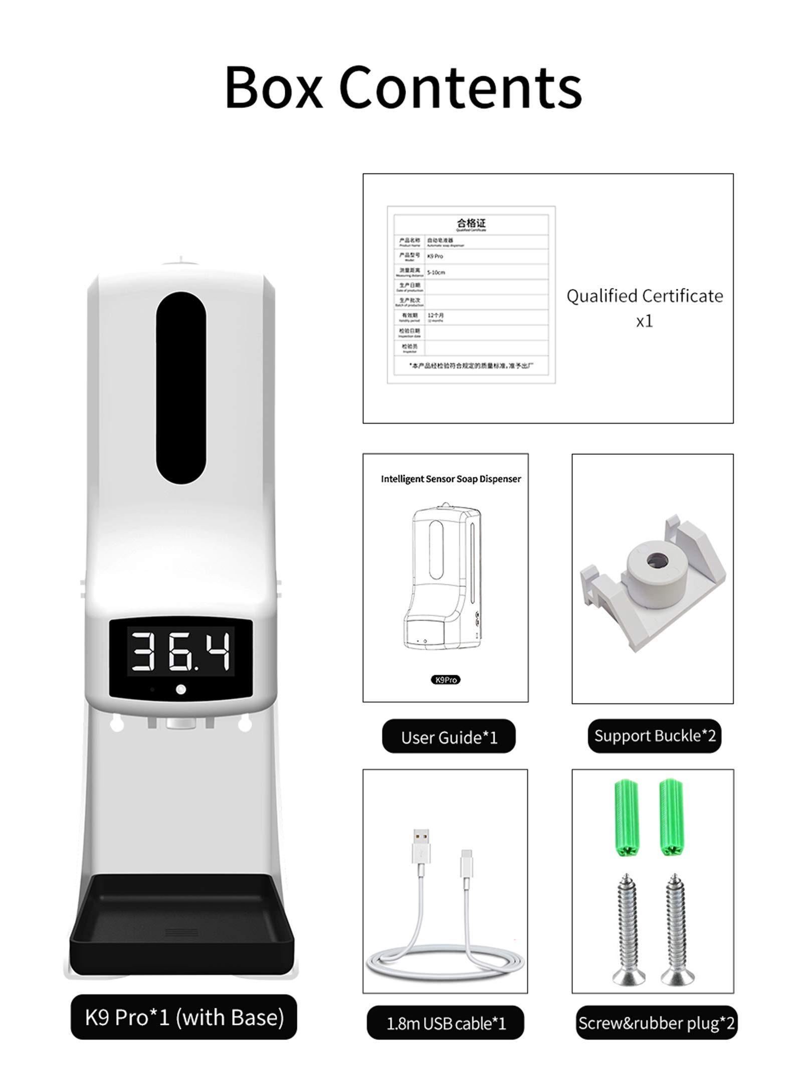Neues Upgrade Wandmontiertes berührungsloses Infrarot-Thermometer K9 Pro Automatischer Seifenspender Auto-IR-Sensor Alkohol Desinfektionsmittel Gel Home Clean,K9 pro+stand