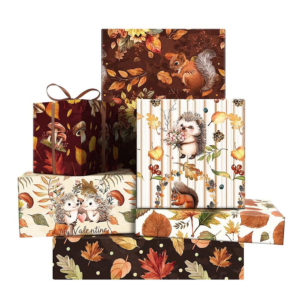 Fall Autumn Maple Leaves Mischievous Squirrel Sunflower Fox Hedgehog Woodland Wrapping Paper-50x70cm Per Sheet, Folded Flat 6 Sheets, With Ribbon, Seasonal Gift Wrap for Thanksgiving Autumn Decor