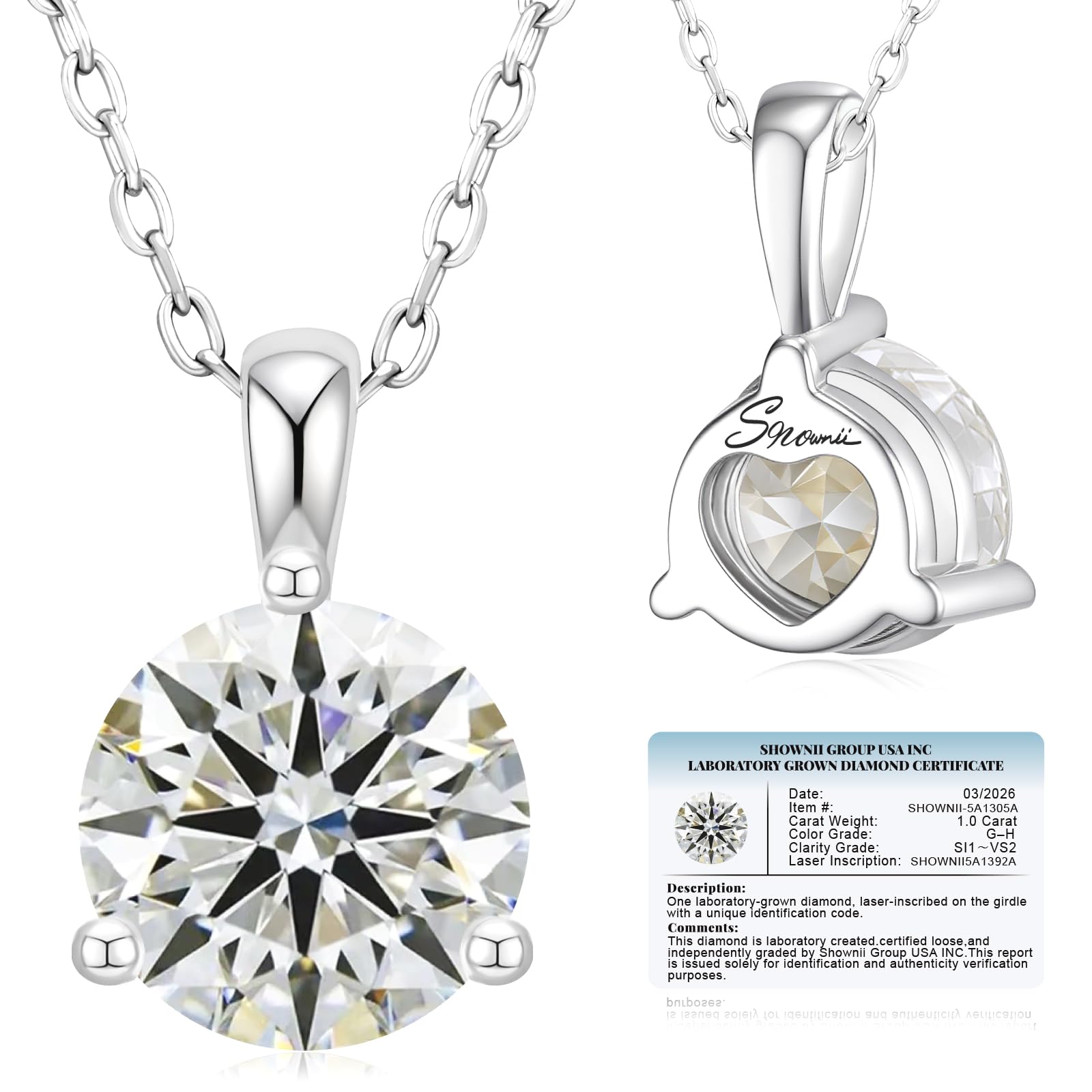 shownii LAB GROWN Diamond 1CT Round Pendant Necklaces for Women 14K