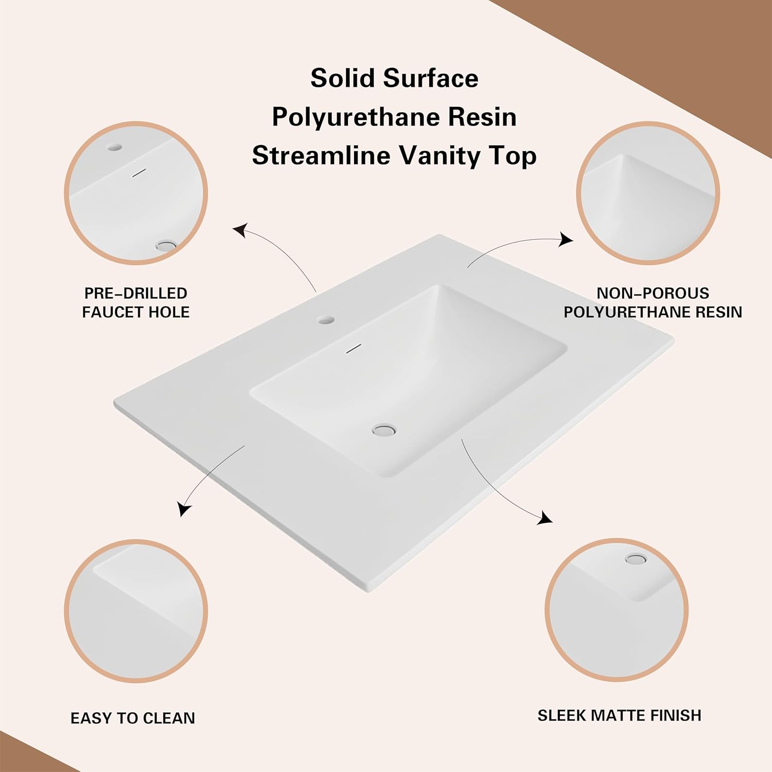 25"/31"/37" Solid Surface Polyurethane Resin Streamline Vanity Top With Sink, Durable, Consistent Color, Easy-to-Clean, Built-in Overflow (37" Width)