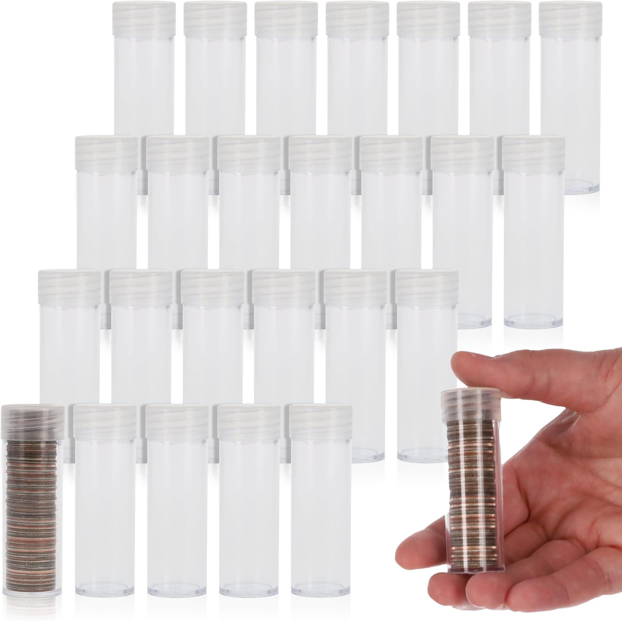 COIN STORAGE TUBES, round clear plastic w/ screw on tops for DIMES (Quantity of 25 tubes)
