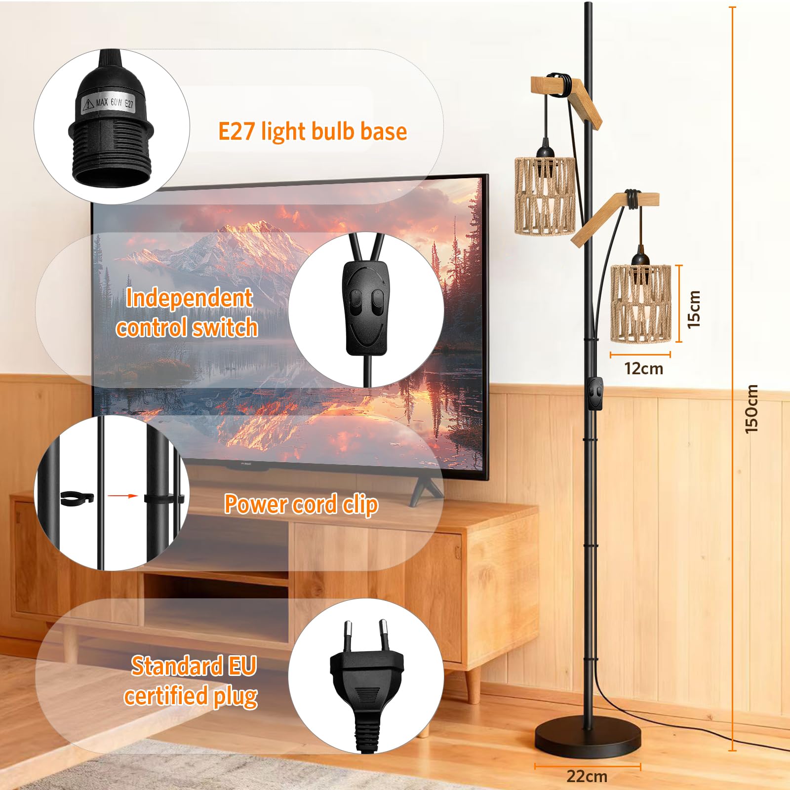 BBHome lampadaire sur pied Boho pour Salon, Lampadaire Bois 2 Lumières et Métal, Lampadaire Boho avec Abat-jour en Rotin, Lampe Industriel pour la Chambre, Salon, Bureau, Noir, Ampoule non Incluse