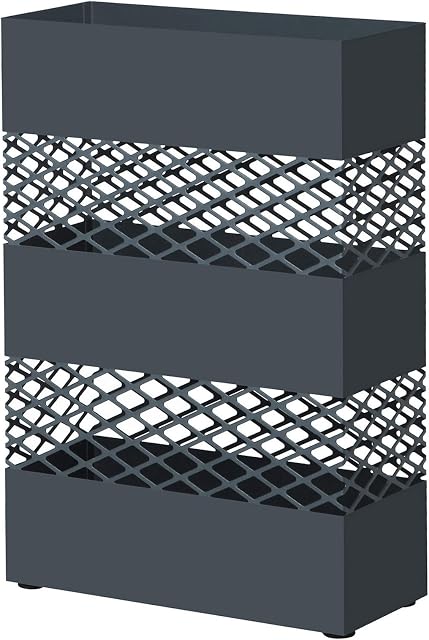 SONGMICS Metalowy stojak na parasole, prostokątny stojak na parasole, 28 x 12 x 41 cm, z tacką na wodę, wzór kraty, antracyt LUC02AG