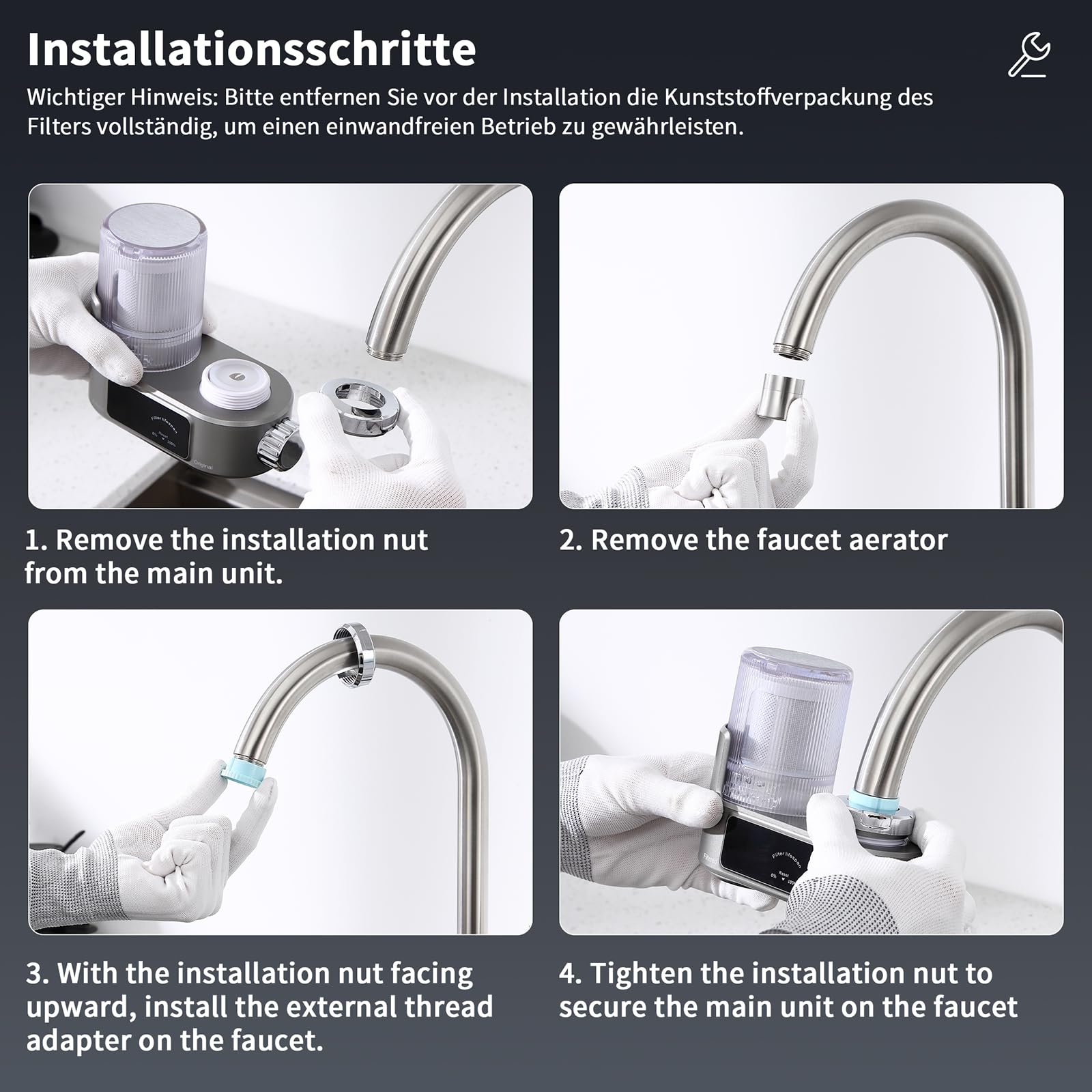 HOMELODY Wasserfilter Wasserhahn mit LED Anzeige, Wasserfilter Trinkwasser für Küche, entfernt Chlor, Schwermetalle & Kalk, Kalkfilter Wasserhahn mit Blaulicht, 12x Adapter (Inkl. Filter*1)