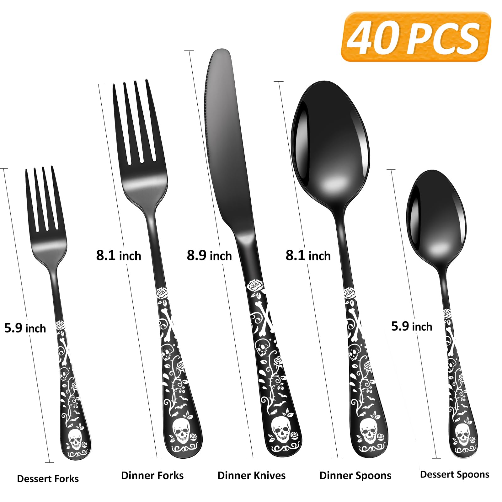40-Piece Black Skull Silverware Set for 8, Flatware Set Stainless Steel Spoons,Forks,Knife Pattern Unique Design Utensil Sets Tableware Cutlery, Mirror Polished,Dishwasher Safe Decorative Party Suppl