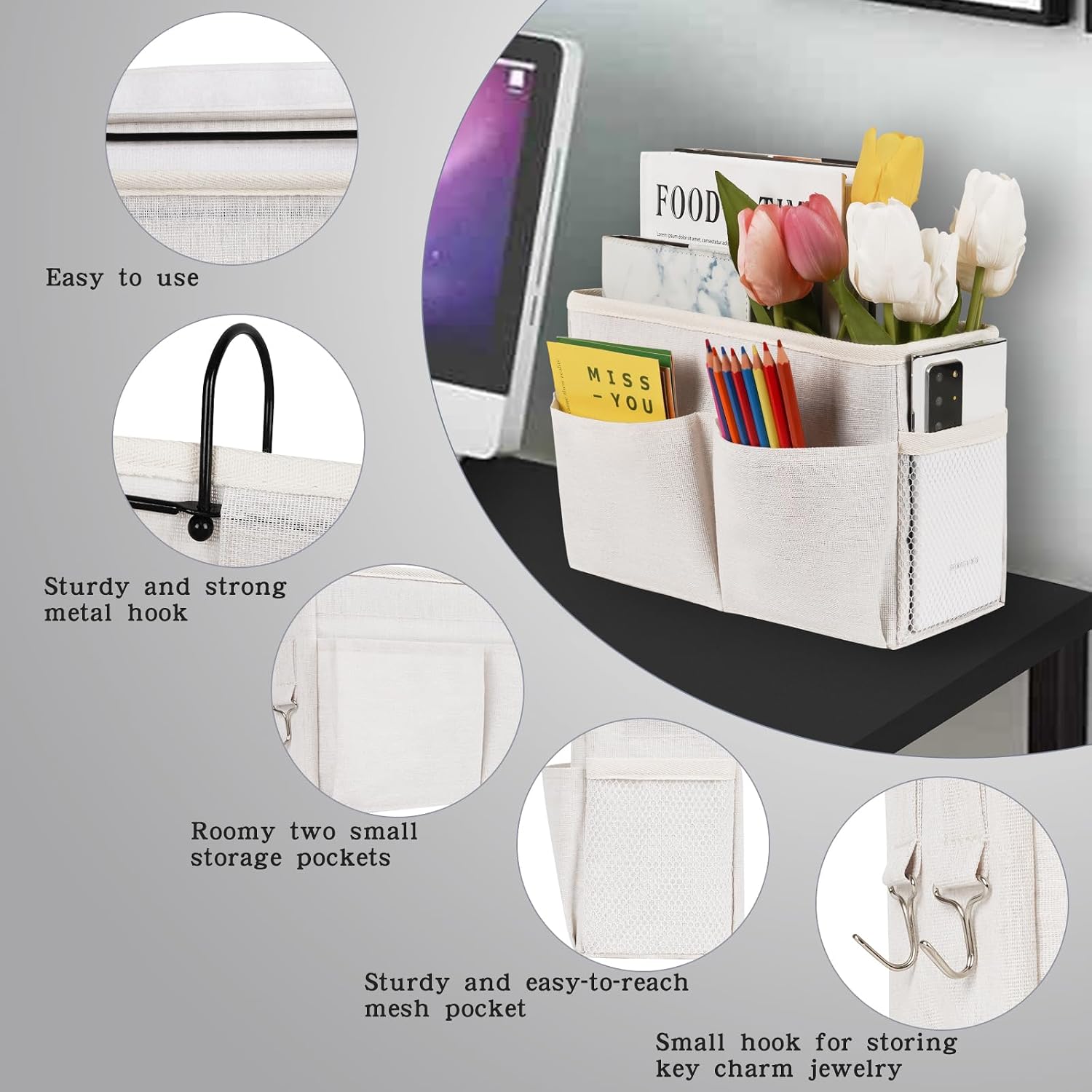 Bedside Caddy Organizer, Hanging Storage Bag with Hooks, White