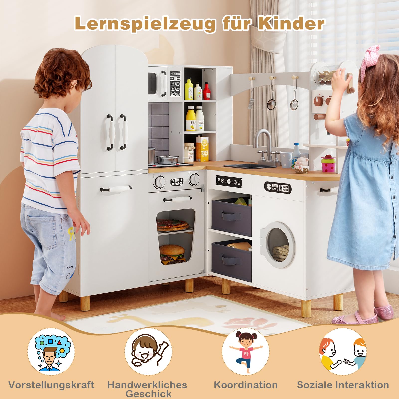 COSTWAY Kinderküche, Eck-Spielküche inkl. 12 Zubehör & Stoffkörben, Holzküche mit Doppeltür-Kühlschrank, Kaffeemaschine & Waschmaschine, Spielzeugküche mit Licht & Sound für Kinder ab 3 Jahren (Weiß)