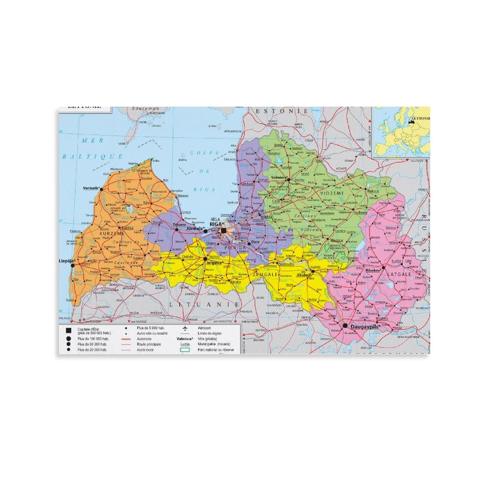 Hellove Unframe-Style Geopolitical Map Of Latvia Poster Decorative Painting Canvas Wall Art Living Room Posters Bedroom Painting 24X36inch(60X90cm)