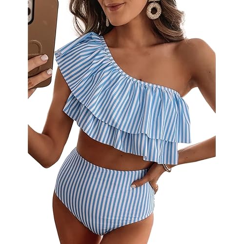 VIMPUNEC Ruffle One Shoulder Swimsuits for Women Cute High Waisted Two Piece Bathing Suits