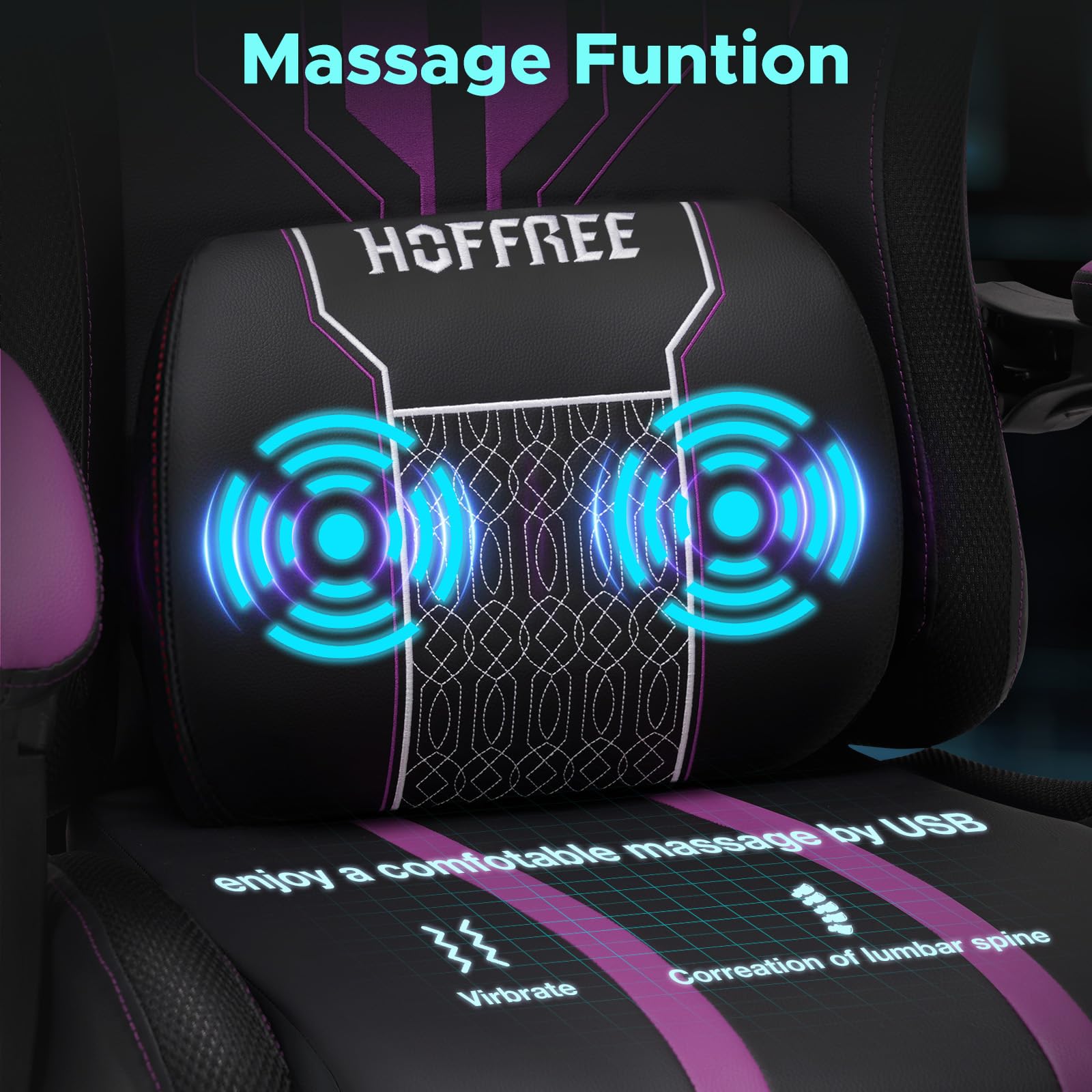 HOFFREE Gaming Chair Massage with Speakers Bluetooth and Footrest Big and Tall Video Game Chair for Heavy People 400lb with Massager for Adults Purple and Black