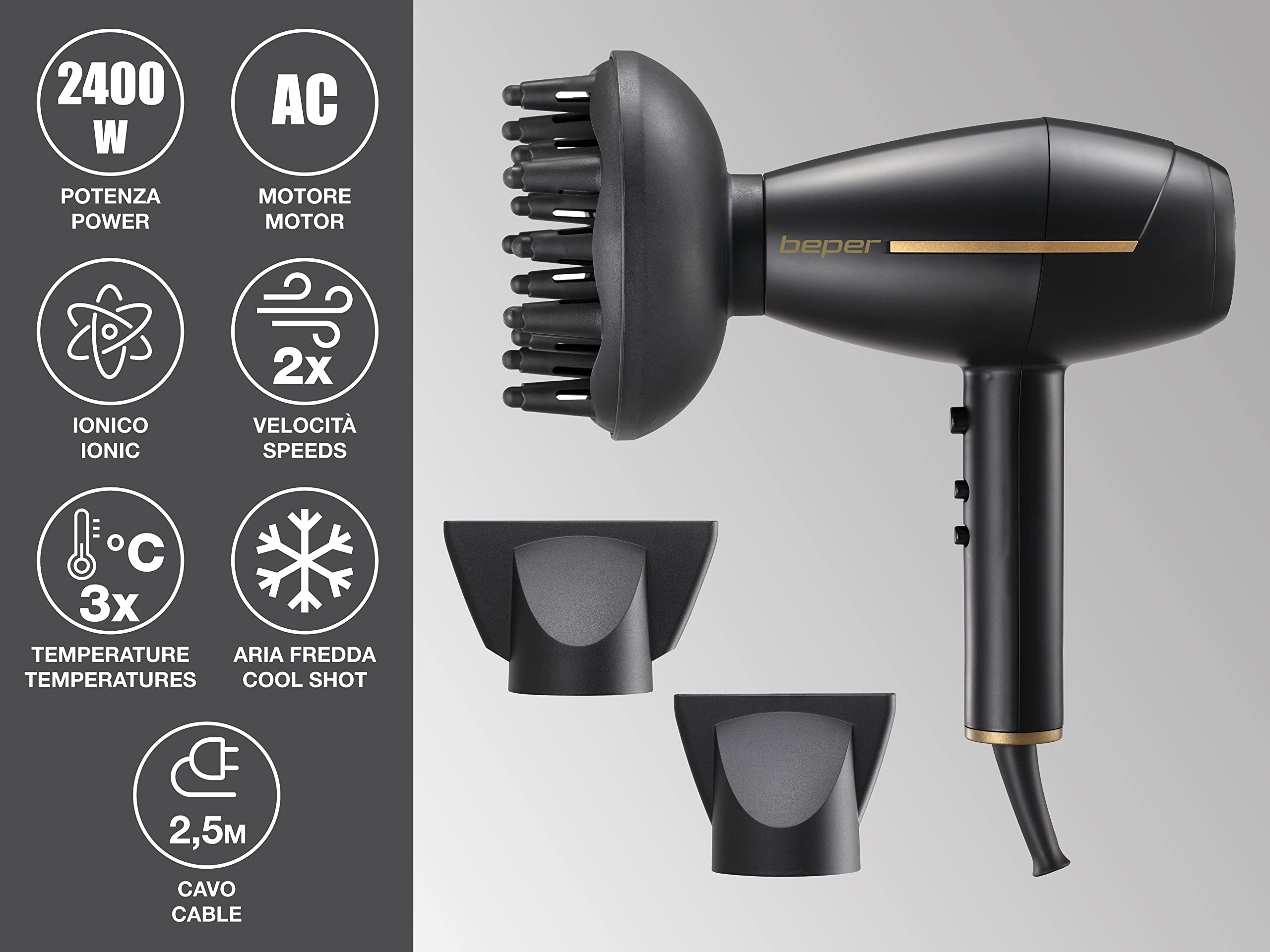 BEPER 40.406 Professioneller Haartrockner mit Ac-Motor, 2 Geschwindigkeiten und 3 Temperaturen, Heiß- und Kaltluftmodi, Leistung 2400W - Schwarz/Gold