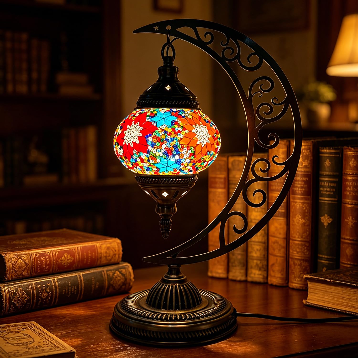 Turkish Lamp Moon Shaped USB Powered Bohemian Turkish Moroccan Style Bedside Lamp Mosaic Stained Glass Table Lamps with Bronze Base H 15.35in for Dressing Room Boutique Internet Cafe Decor(Colorful2) — image 1