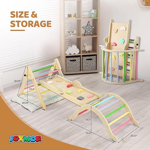 Miniatura 7 de JOYMOR Juego de triángulos Pikler 9 en 1 con cojín (grande), juego de escalada de madera Montessori para niños pequeños con patrones coloridos