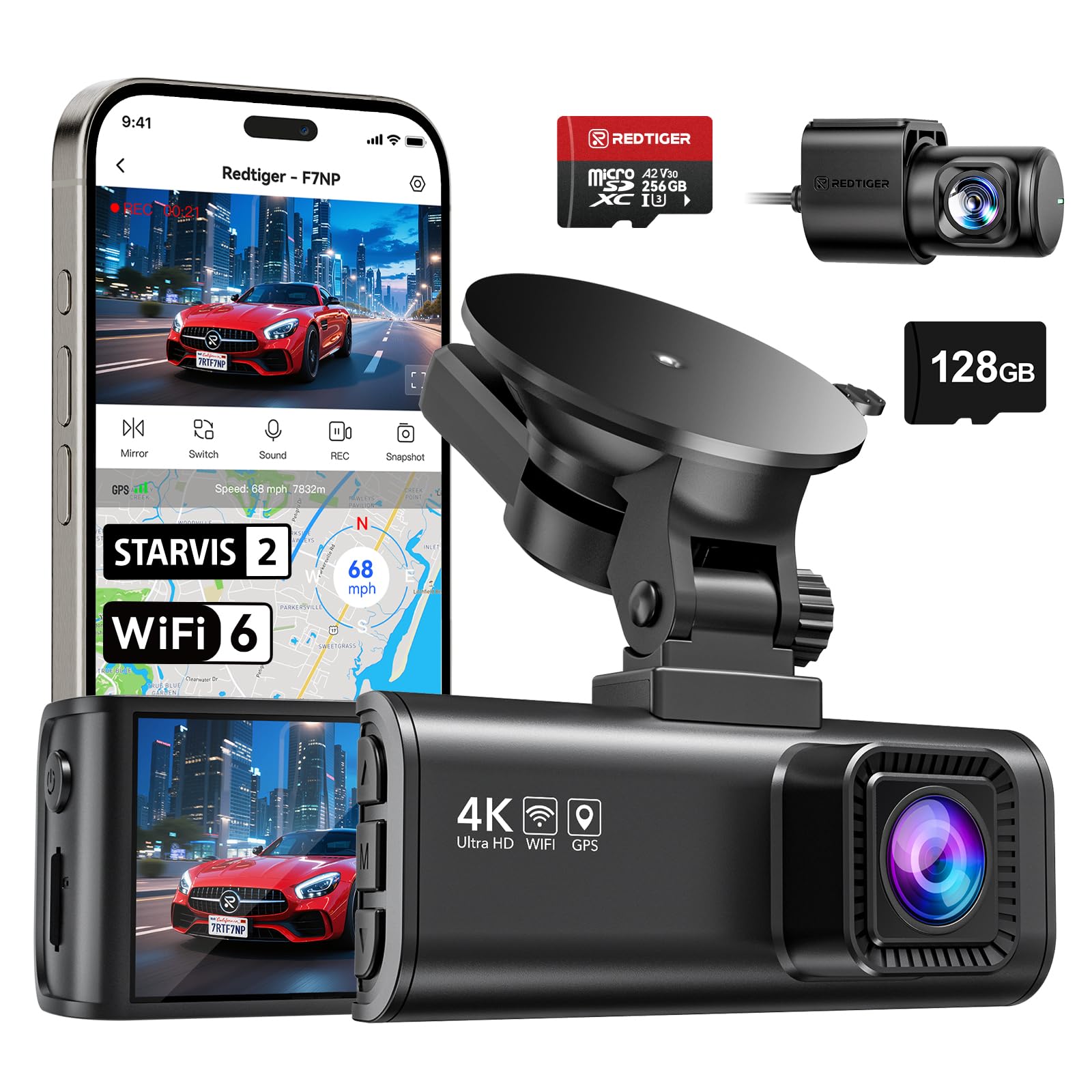 REDTIGER 4K Dashcam Voiture et Carte de 256 Go,STARVIS 2,Écran IPS 3,18 Pouces,Carte 128 Go Incluse, WiFi 5,8 GHz,GPS,Vision Nocturne,Grand Angle 170° WDR,Moniteur de Stationnement
