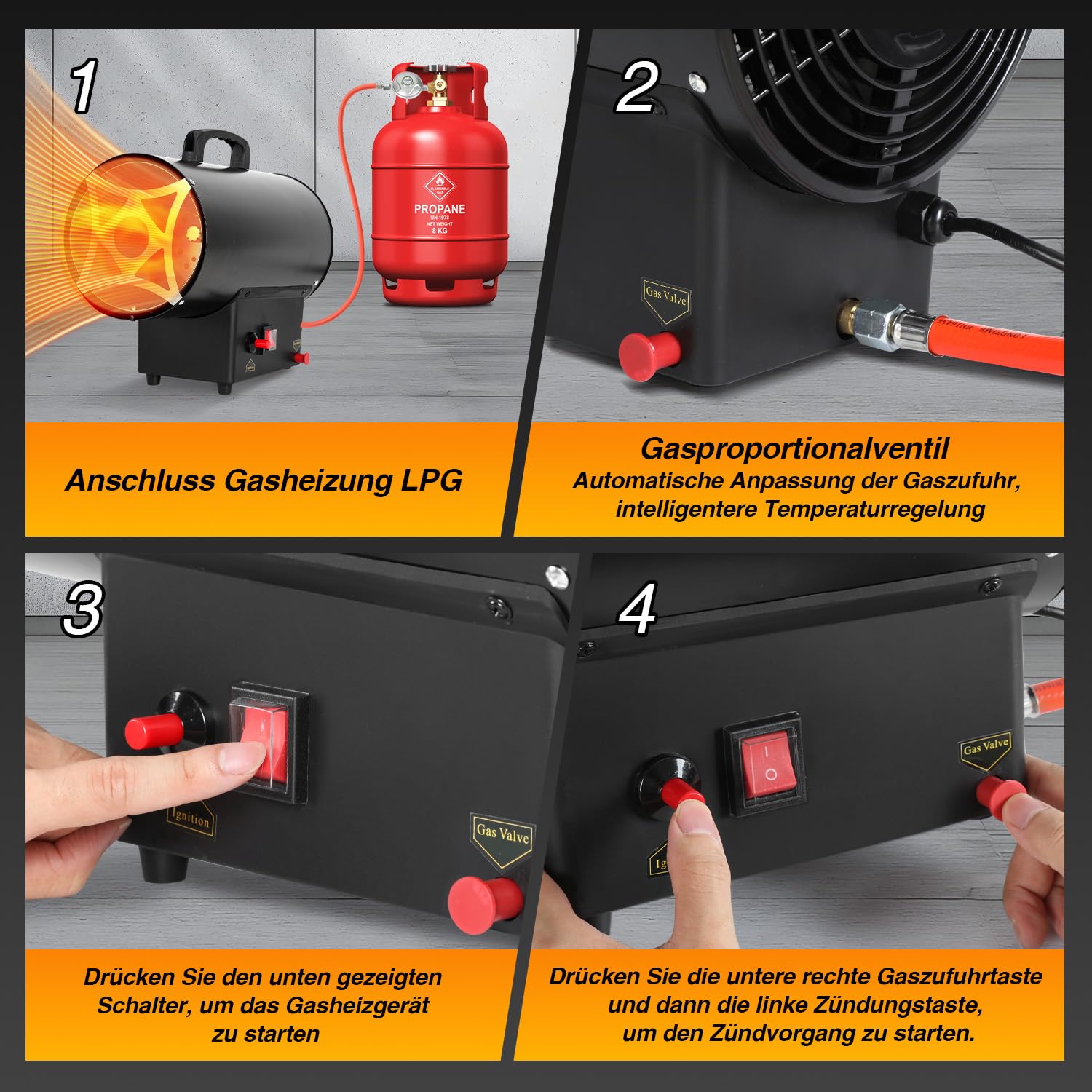 Gasheizgebläse 10KW, Gasheizer Luftdurchsatz Luftdurchsatz 320 m³/h, Heizkanone inkl. Gasschlauch, Druckminderer & Überhitzungsschutz