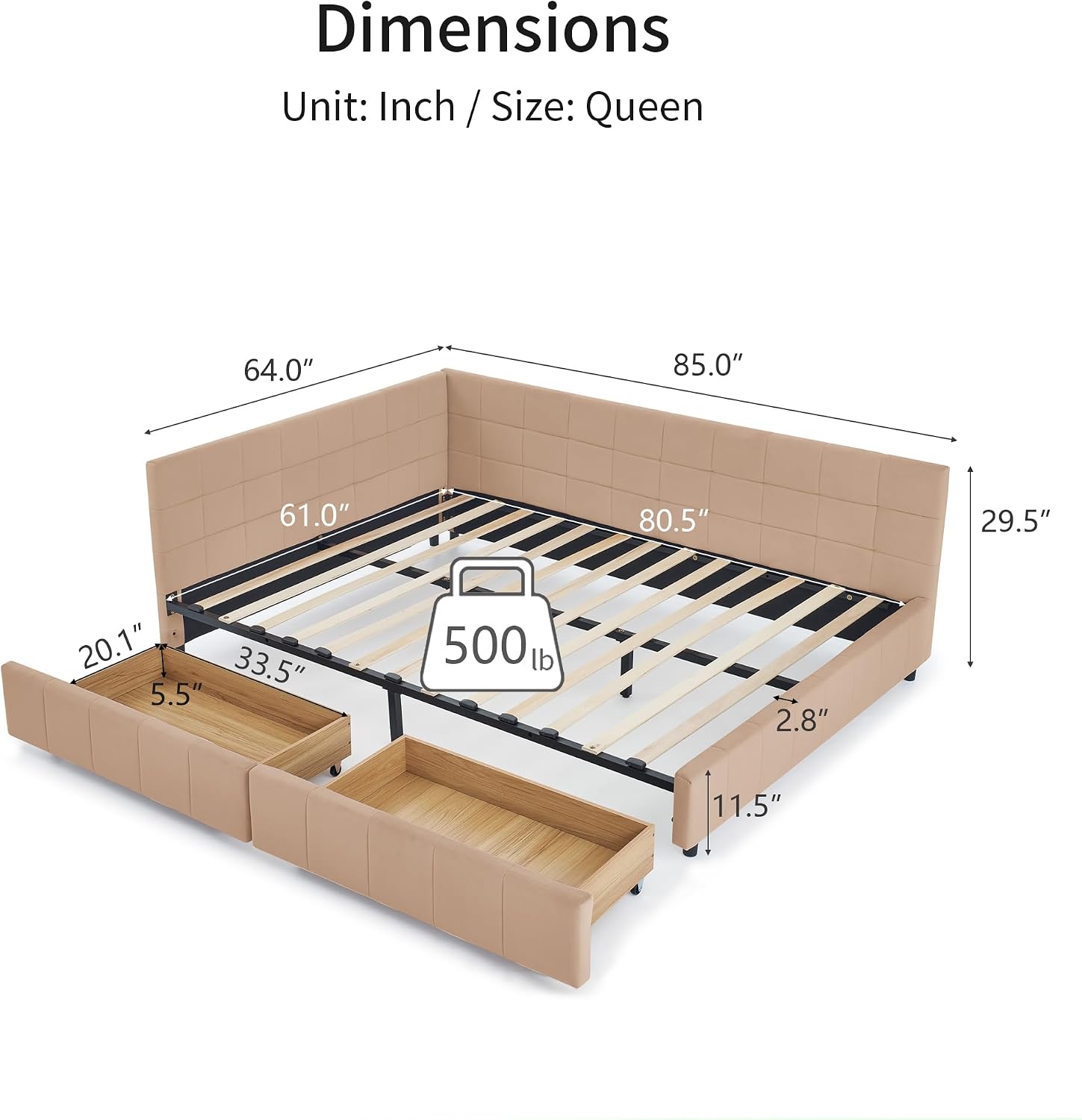 Queen Size Wood Daybed with 2 Drawers, Modern Elegant Velvet Upholstered Padded Grid Pattern Bed Frame with Spacious Under Bed Storage, No Box Spring Needed, Easy Assembly, Apricot Pink