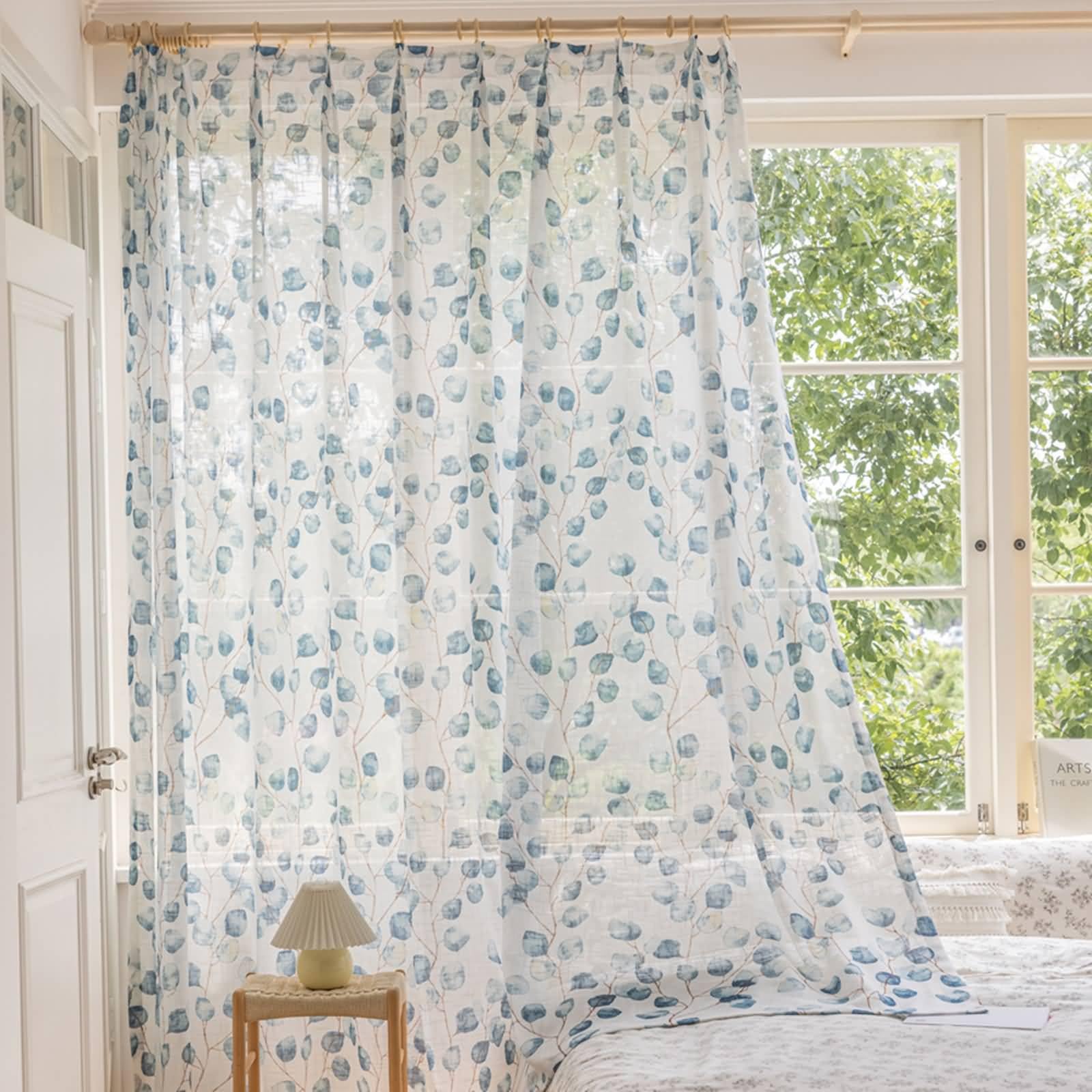 Epinki Vorhänge 2er Set, Voile Gardinen Trnsparent Blatt Zweigstelle Muster Blau Voile Gardinen aus Polyester Haken Fensterschal für Wohnzimmer H244 x B137 cm
