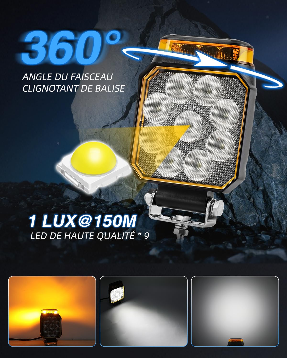 BraveWAY Phare De Travail Led 12/24V 4 Pouces 30 W 6000LM Avec Fonction D'Avertissement, Lumière Diffuse + Lampe D'Avertissement, Pour Engins De Chantier, Camions, Pelleteuses, Tracteurs