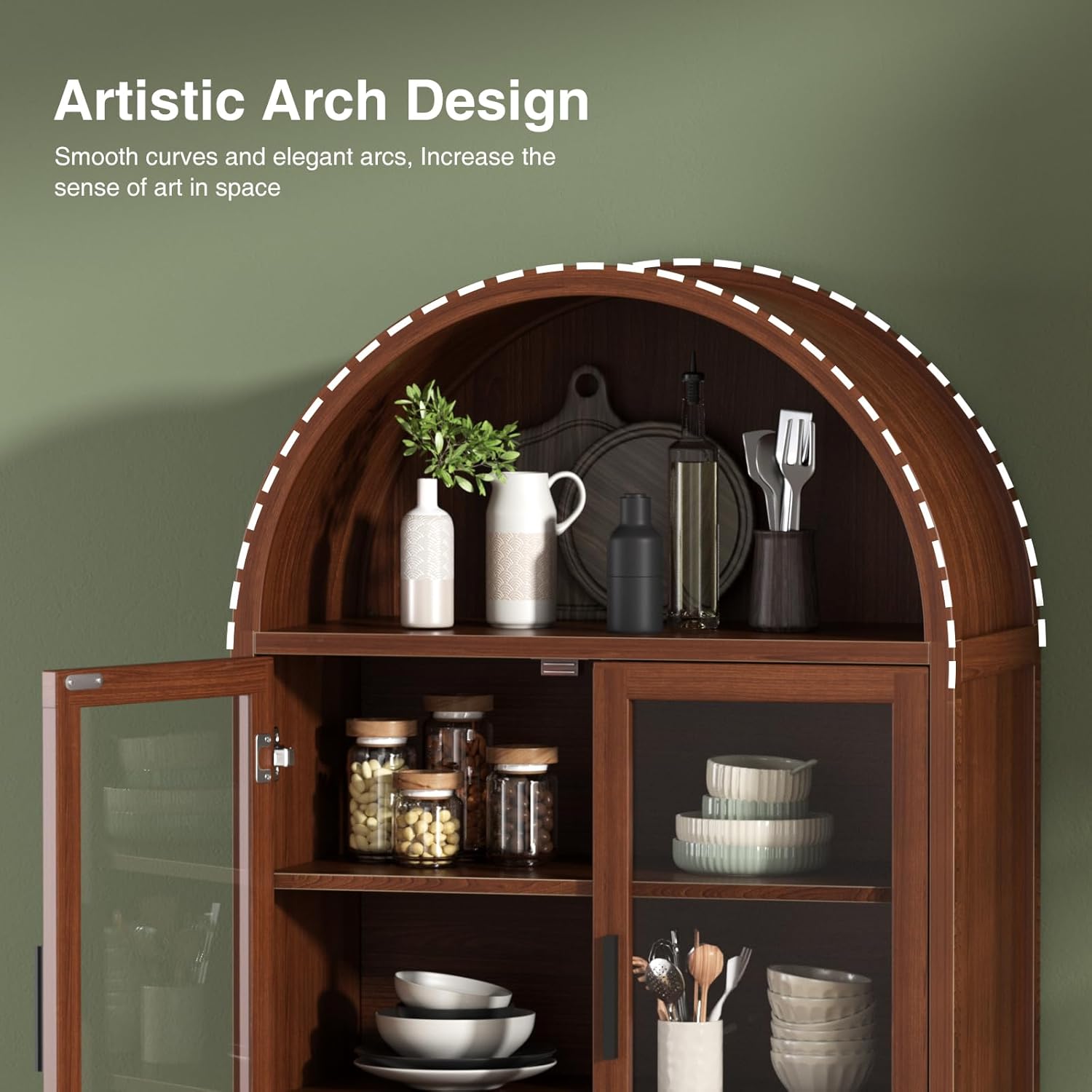 Kitchen Pantry Cabinet with Glass Doors - Arched Design, Solid Wood Legs, Artistic Fluted Door, Adjustable Shelves, 70.8" Curved Storage Cabinet for Kitchen, Dining Room