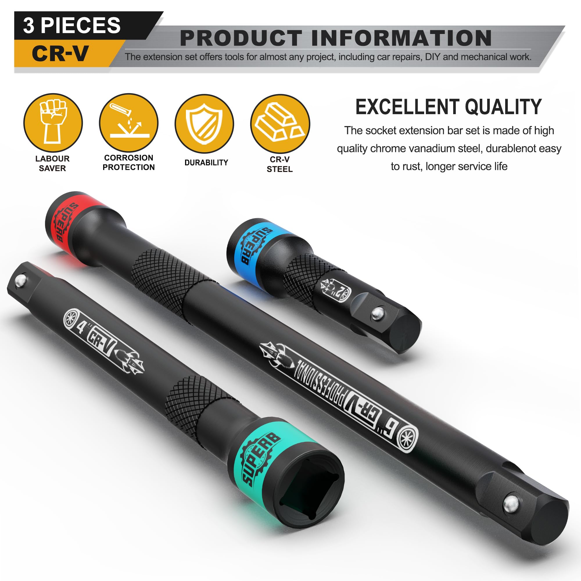 KIRXST 1/4" Impact Socket Extension Bar Set, 3 Piece Drive Extension Bar 50mm 100mm 150mm - Image 3