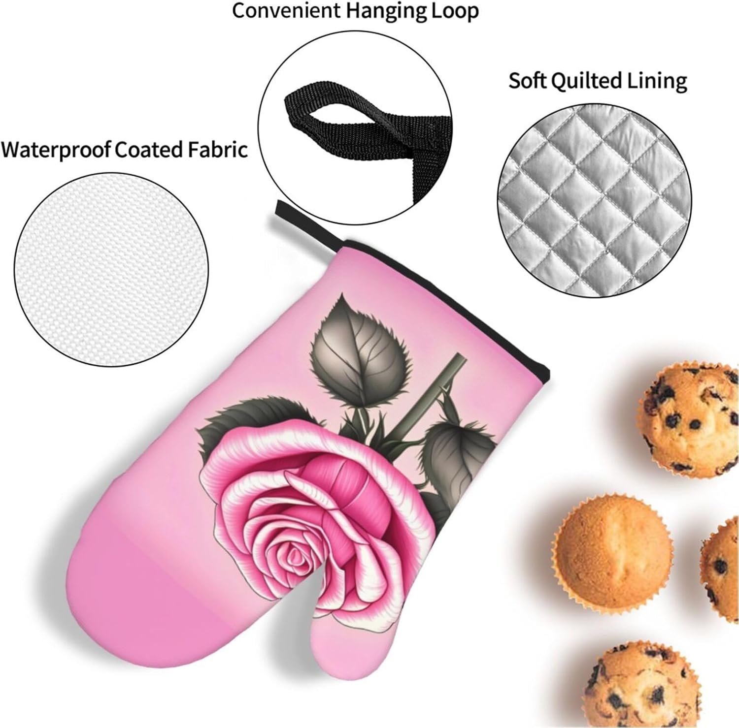 Beautiful pink roses Oven gloves and heat-resistant mat 4-piece set. Suitable for grilling, microwave oven frying, and baking