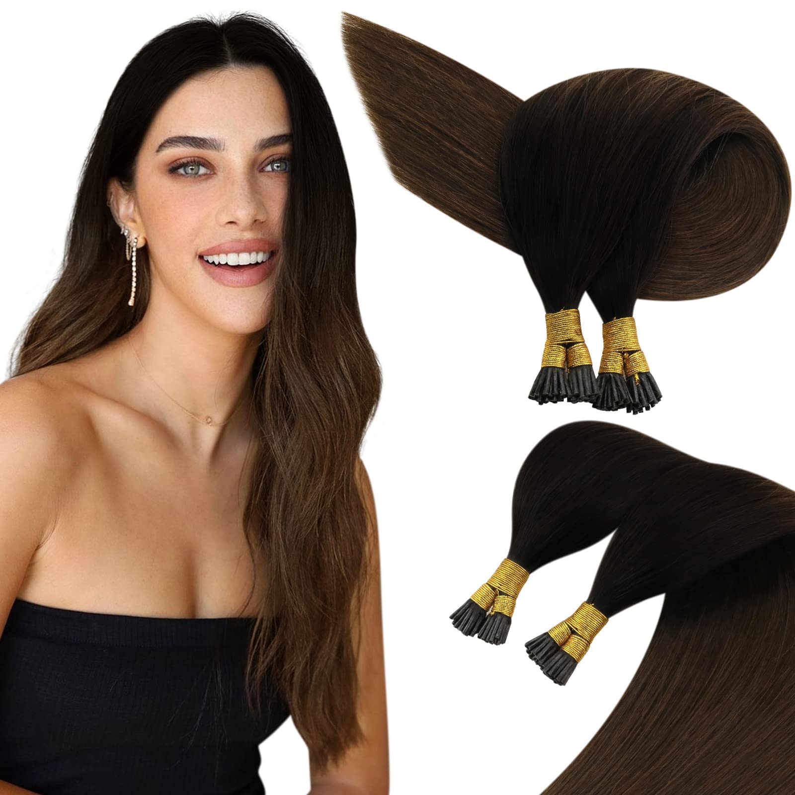 Sunny I Tip Hair Extensions Human Hair Ombre Black to Brown Pre Bonded I Tips Ombre Hair Extensions Silky Straight Itips Remy Hair Extensions Ombre Itip Black Hair Extensions Human Hair 50s 50G 20in