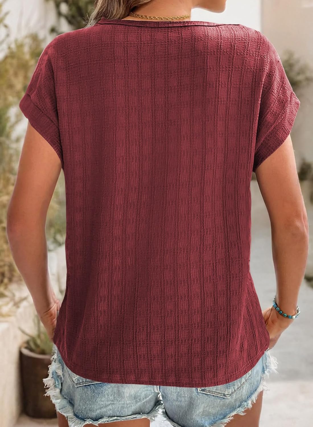 Dokotoo Womens Blouses Summer Casual Cap Short Sleeve Tops Basic Textured Solid Color Round Neck T Shirts Blouse - Image 4