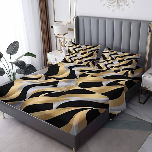 Miniatura 11 de Juego de sábanas retro de tamaño California King, sábanas onduladas modernas de mediados de siglo, microfibra suave y bolsillo profundo, juego de