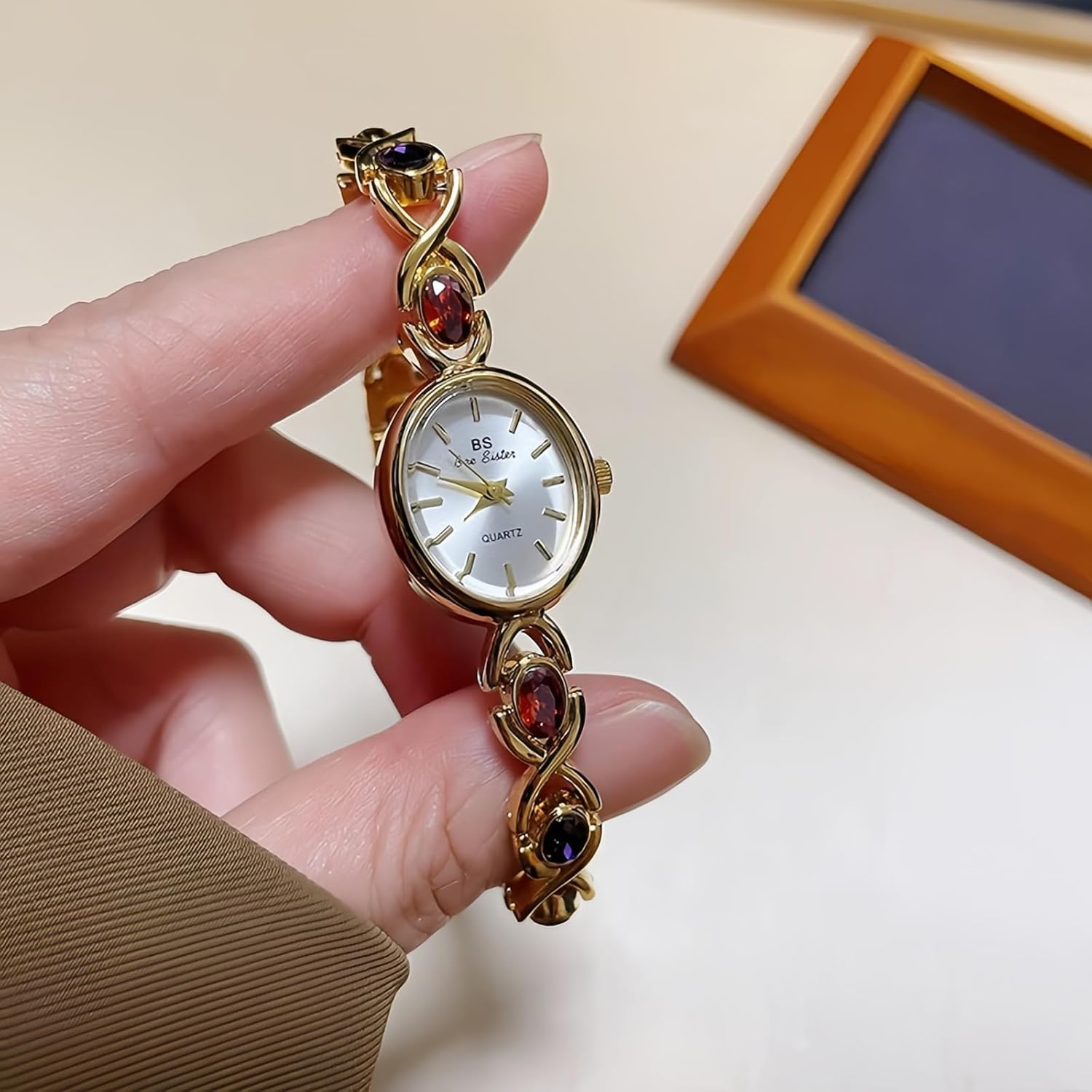 Gosasa Elegant Women's Dress Watch Colorful Crystal Oval Bracelet Ladies Quartz Waterproof Dainty Wrist Watch Adjustment Tool Included