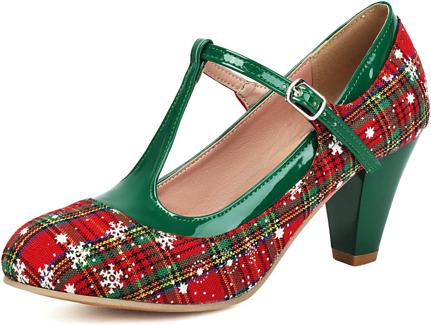 Betastella Christmas Shoes for Women T Strap Mary Janes Vintage Chunky Heel Round Toe Pumps