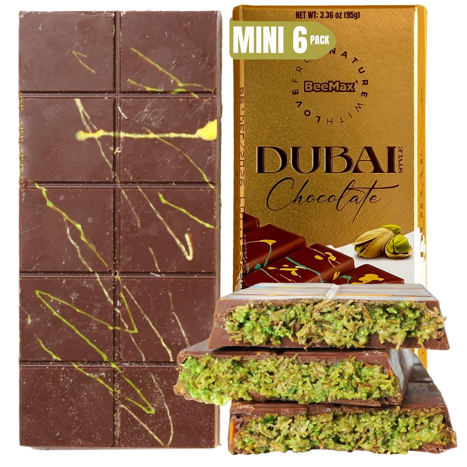 BeeMax Authentic Dubai-Style Mini Chocolate Bar, 3.36 oz (Pack of 6) - Luxurious Milk Chocolate with Kadayif and Pistachios - Middle Eastern Gourmet Indulgence - Ideal for Gifting & Special Occasions