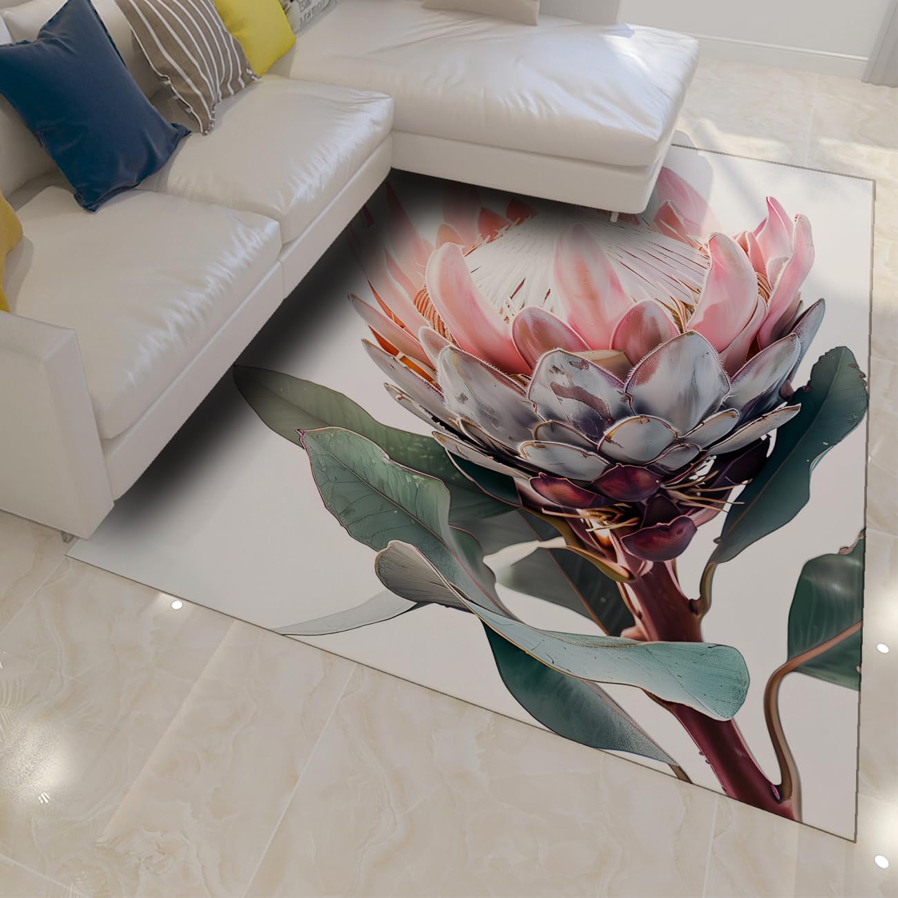 Tapis de salon rose 80x150 cm lavable et antidérapant au motif botanique