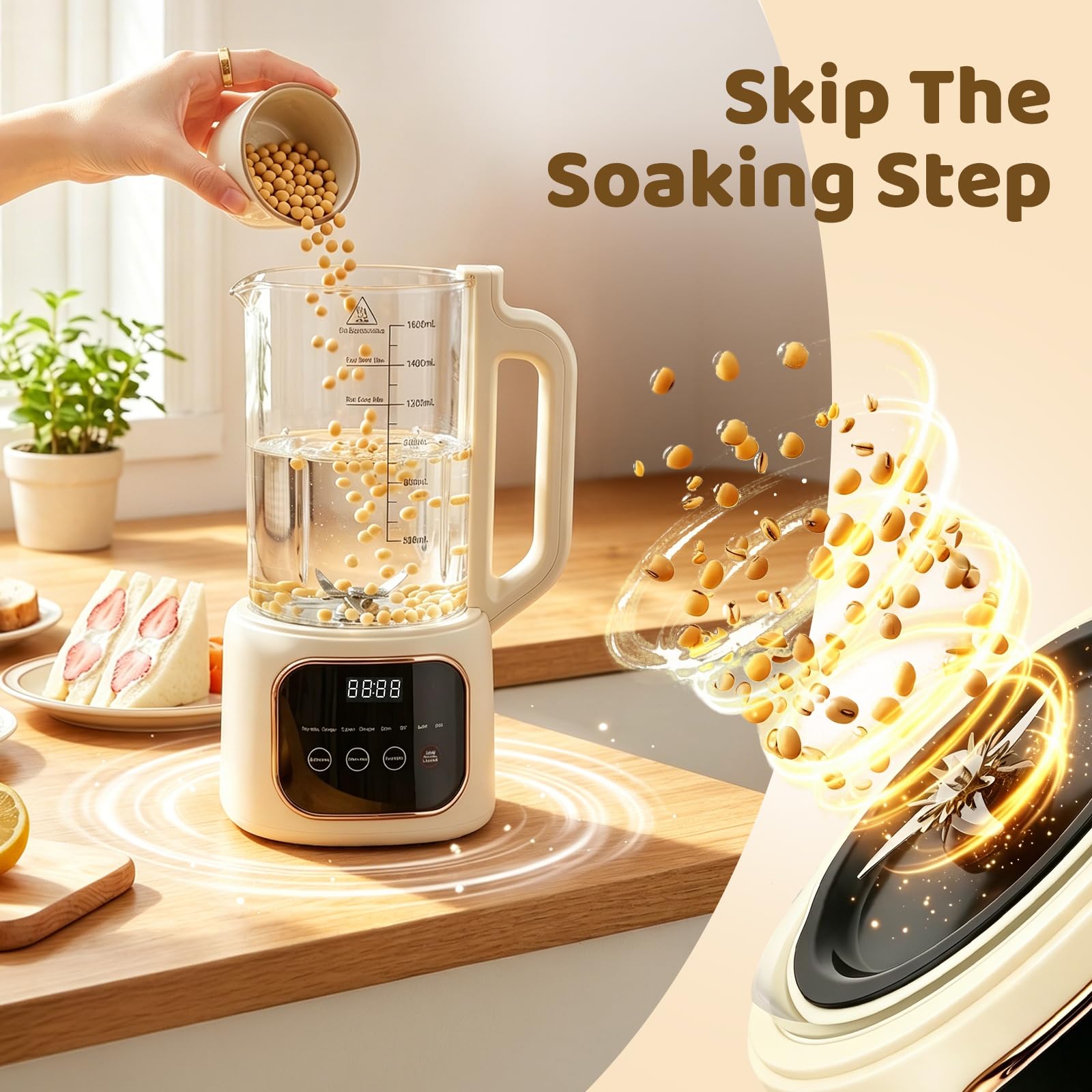 Máquina automática de leche de soja, máquina de leche de nueces de 1600 ml con 20 cuchillas, pantalla LED, temporizador de 24 horas, función de autolimpieza, para leches vegetales caseras como soja